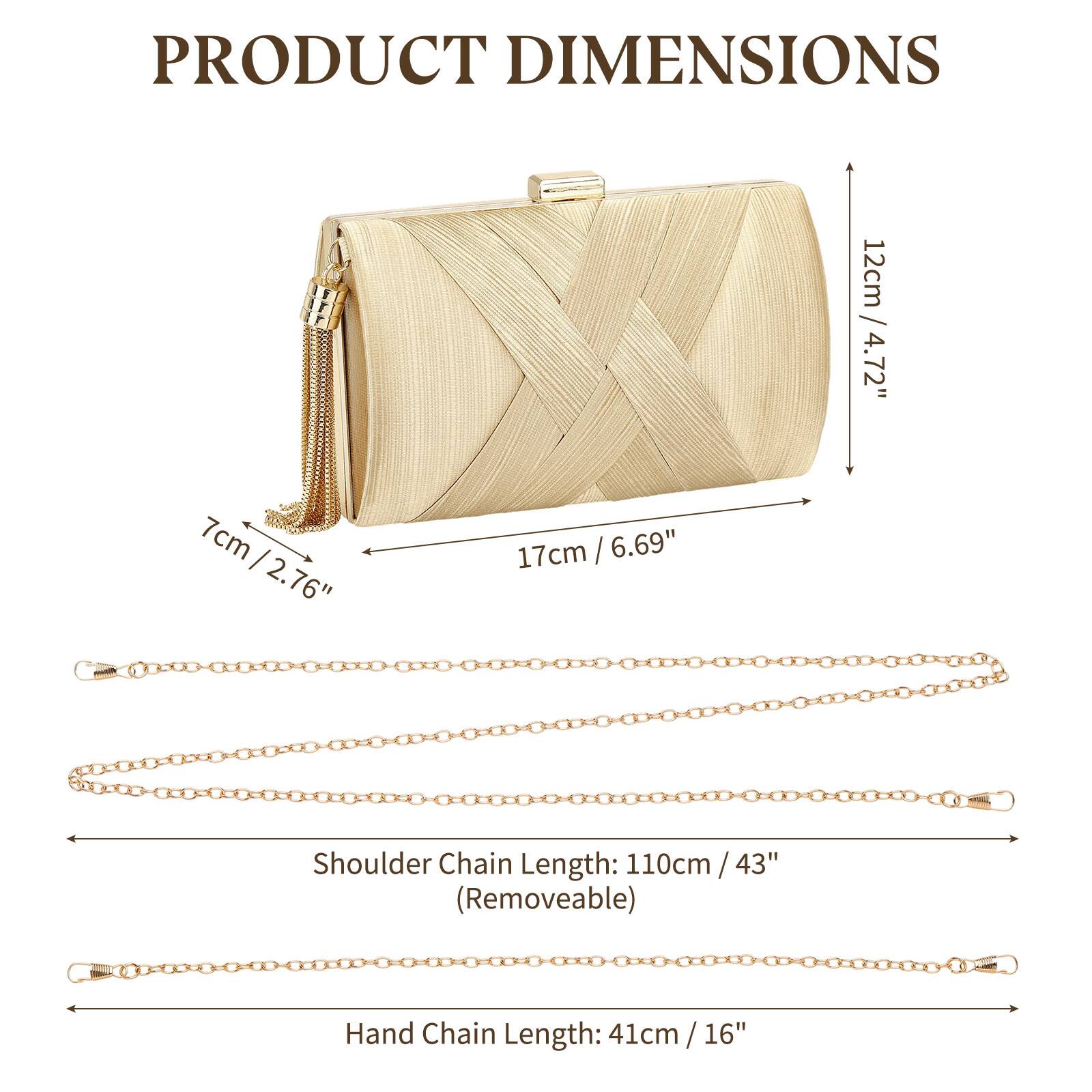 PRODUCT DIMENSIONS

- Height: 12cm / 4.72"
- Width: 17cm / 6.69"
- Depth: 7cm / 2.76"

Shoulder Chain Length: 110cm / 43" (Removable)

Hand Chain Length: 41cm / 16"