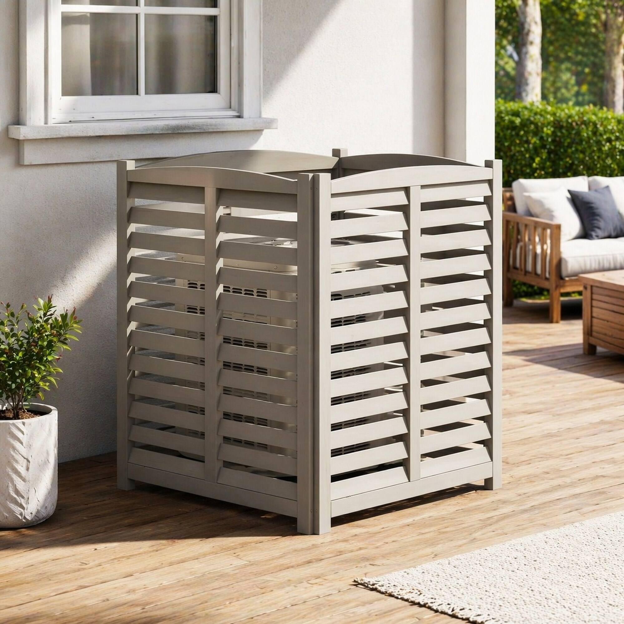 Angle. RYHNUYNE - 3-Panel Outdoor Wood Privacy Screen for Air Conditioner, 3-Section Freestanding Fence 32x38 Inch, Patio Garden - Grey.