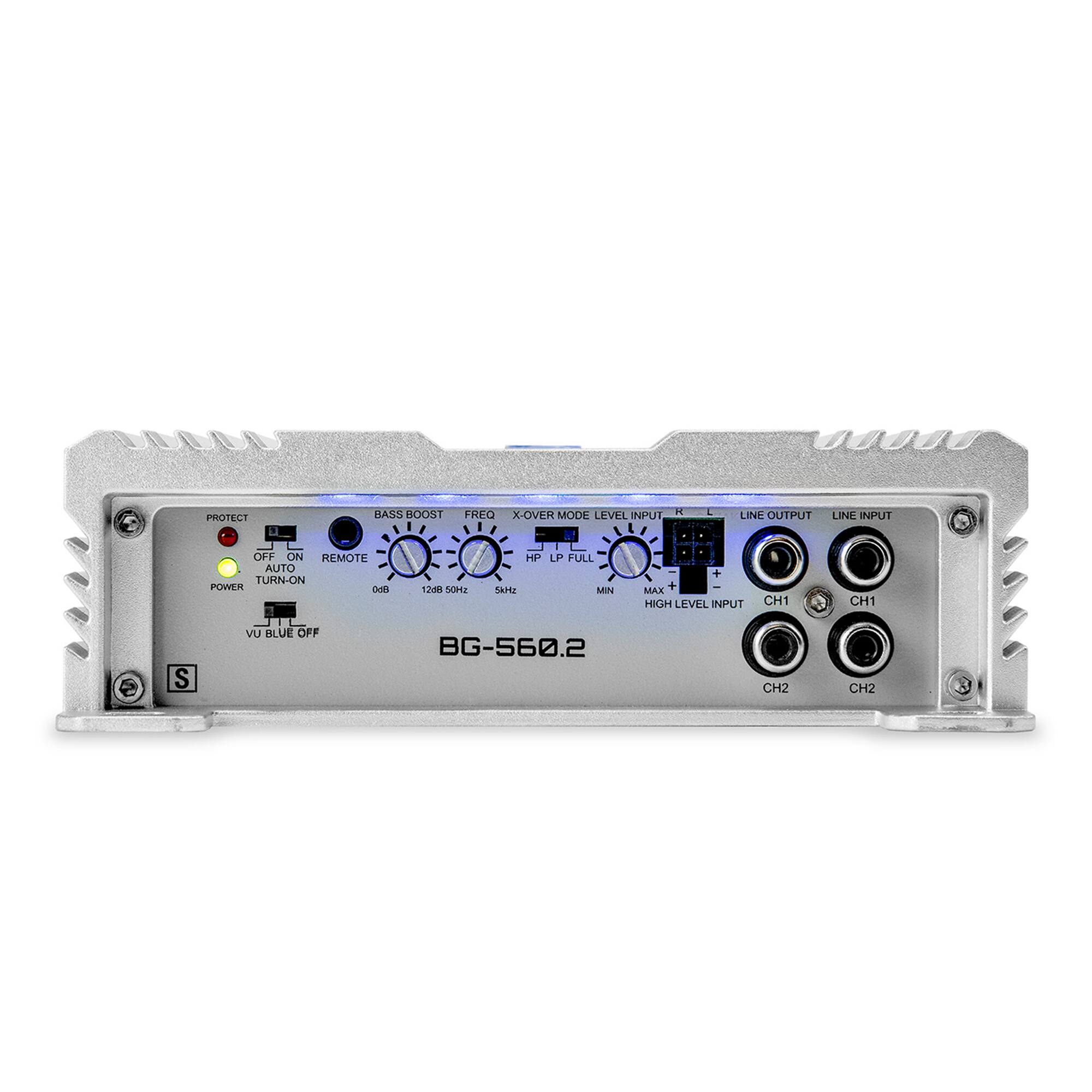 PROTECT  
BASS BOOST  
FREQ  
X-OVER  
MODE  
LEVEL  
NPUI  
H  
5  
LINE OUTPUT  
LINE INPUT  
OFF  
ON  
REMOTE  
AUTO  
TURN-ON  
POWER  
DB  
12m  
SCH2  
HP  
aH  
LP  
FULL  
MIN  
MAX  
+  
HIGH LEVEL  
INPUT  
CH1  
CH1  
VU  
BLUE  
OFF  
BG-560.2  
CH2  
CH2