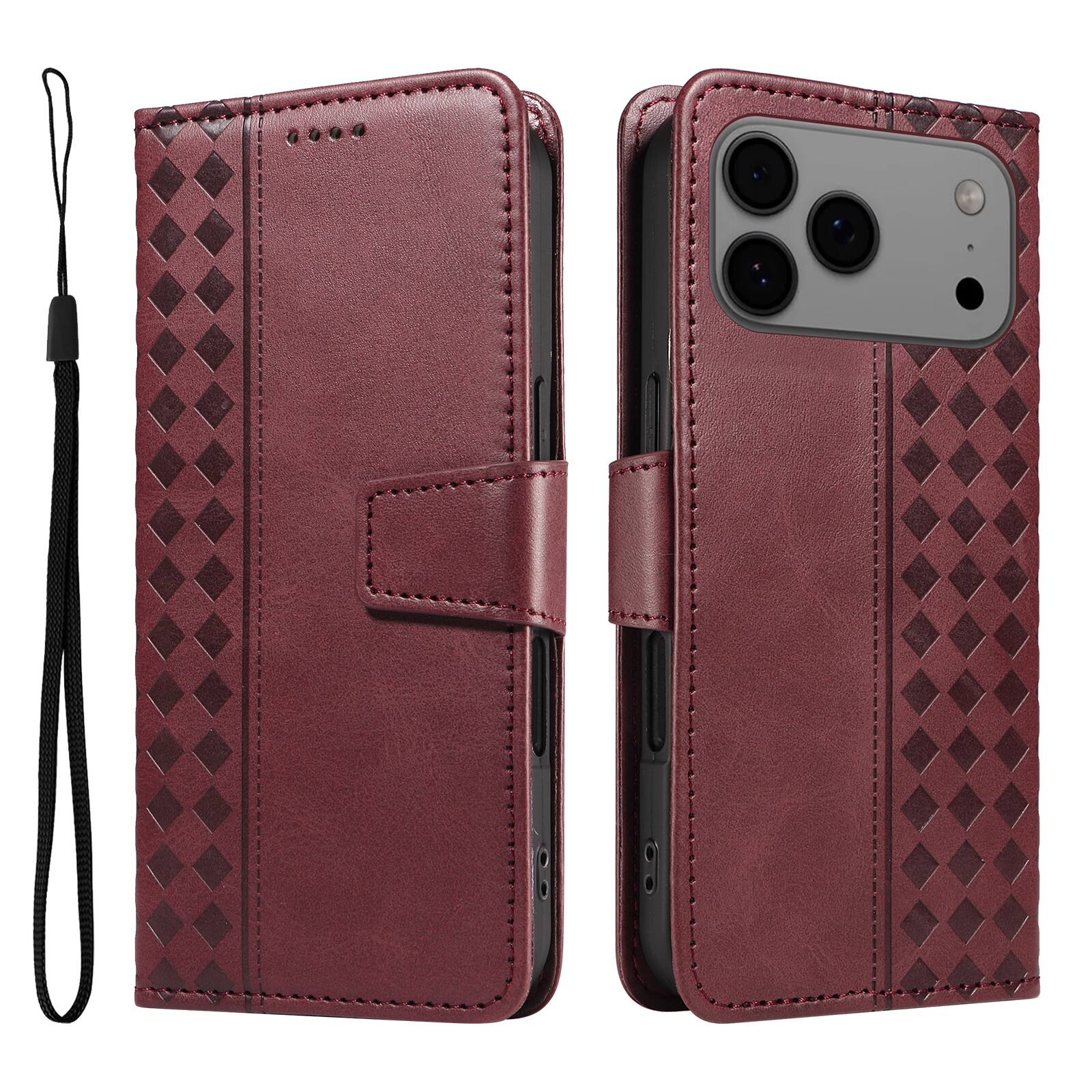 Alt View 5. Dteck - Magnetic Wallet Pocket Case For Apple iPhone 17 Pro, Shockproof Faux Leather Card Pocket Wrist Strap Cover - Red.
