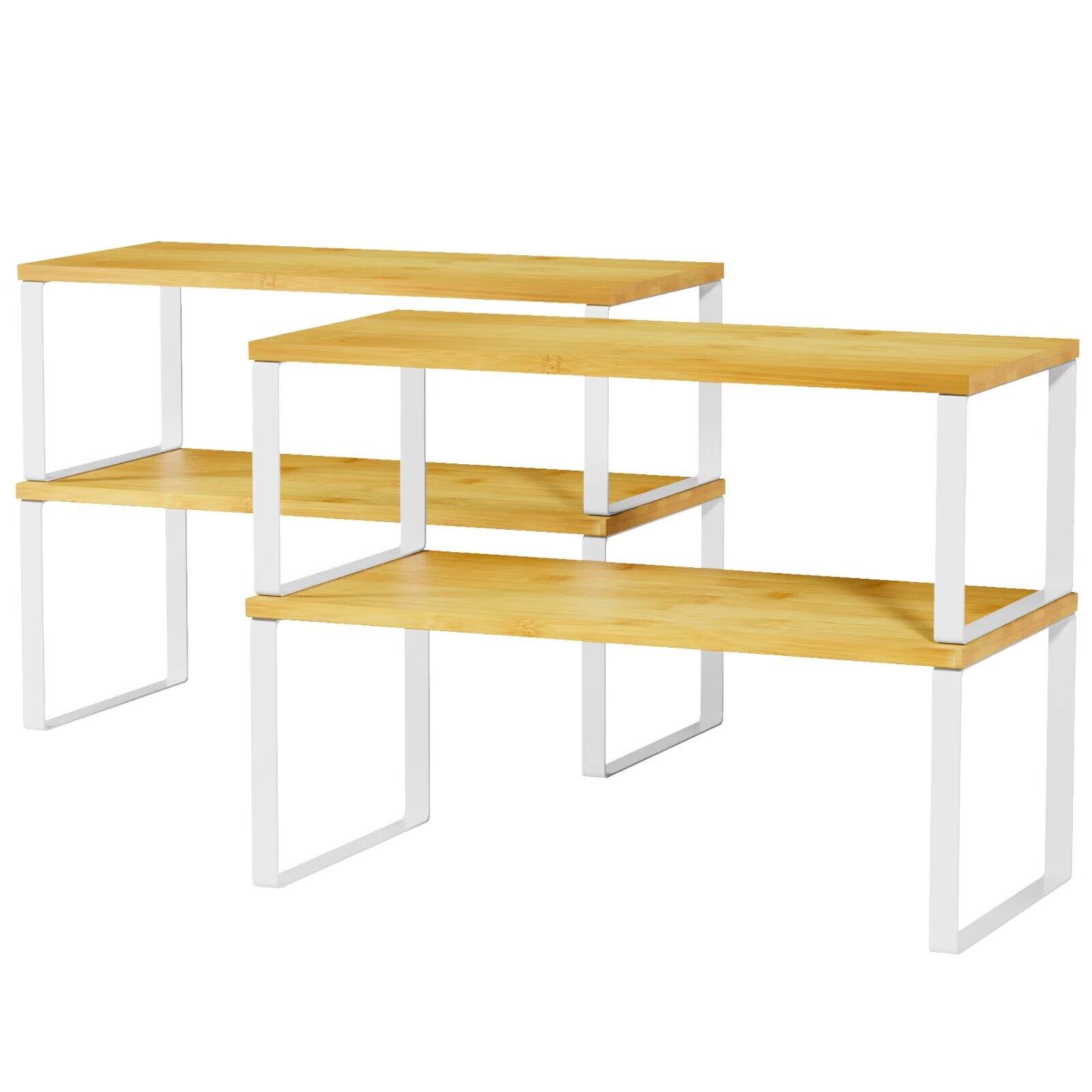 Tooloton - 2 Pack Stackable Cabinet Shelf Organizers, Expandable Counter Rack & Spice Rack in White and Natural (Long Version) - White