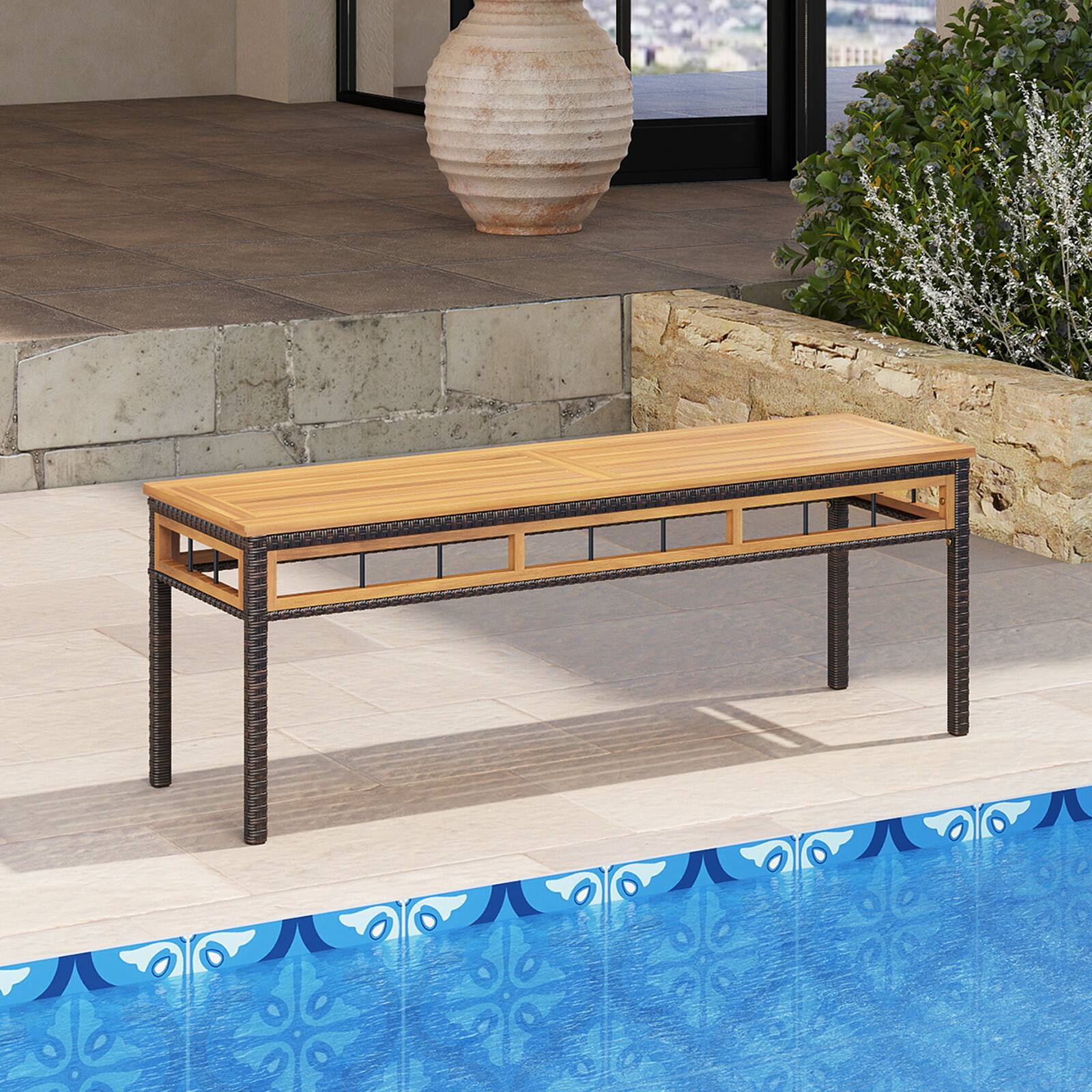 Alt View 1. Gymax - Gymax 48'' Wicker Patio Bench w/Acacia Wood Seat Removable Padded Cushion for Garden White Outdoor - White.