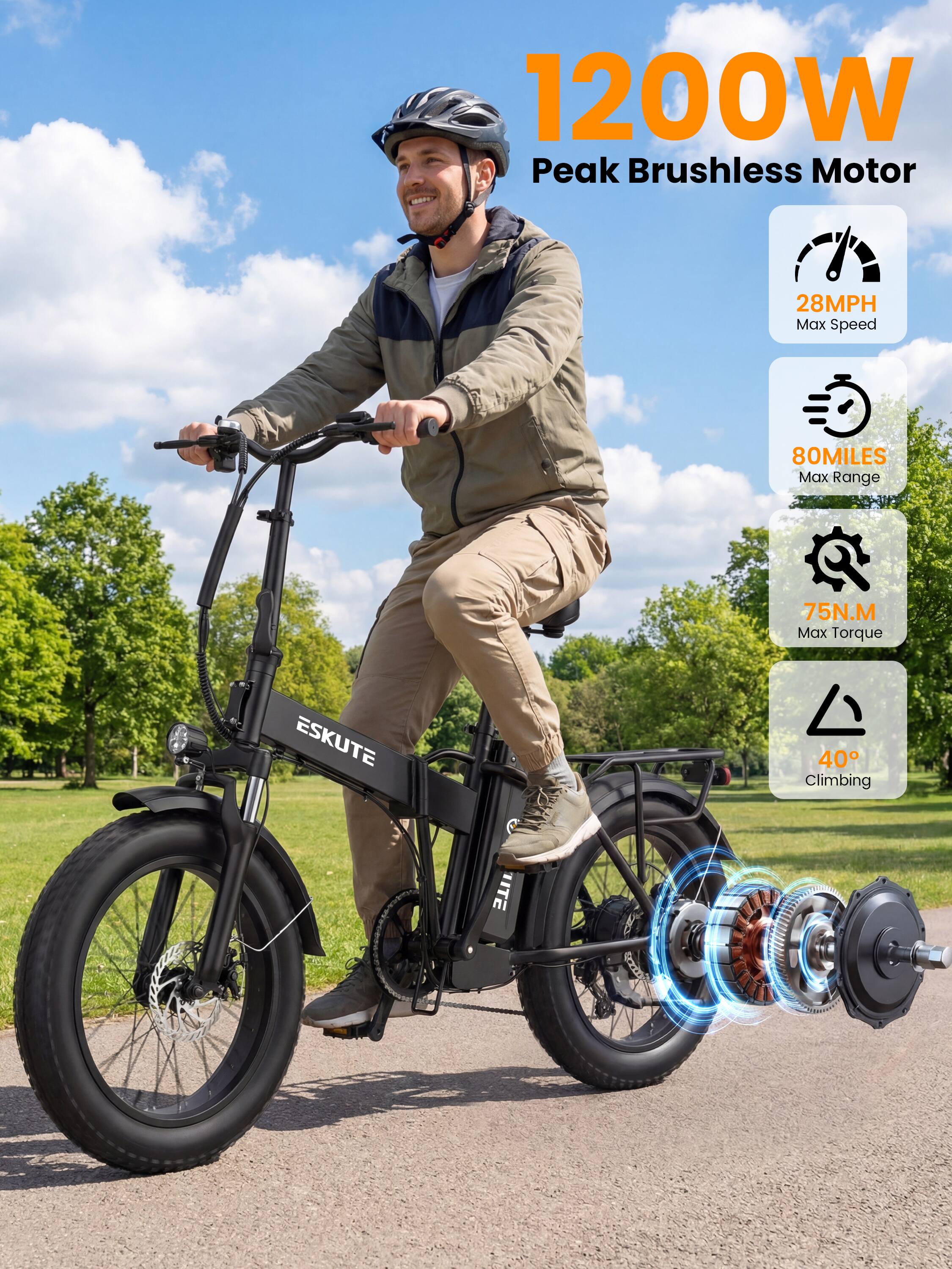 1200W Peak Brushless Motor  
28MPH Max Speed  
80MILES Max Range  
75N.M Max Torque  
ESKUTE  
40° Climbing