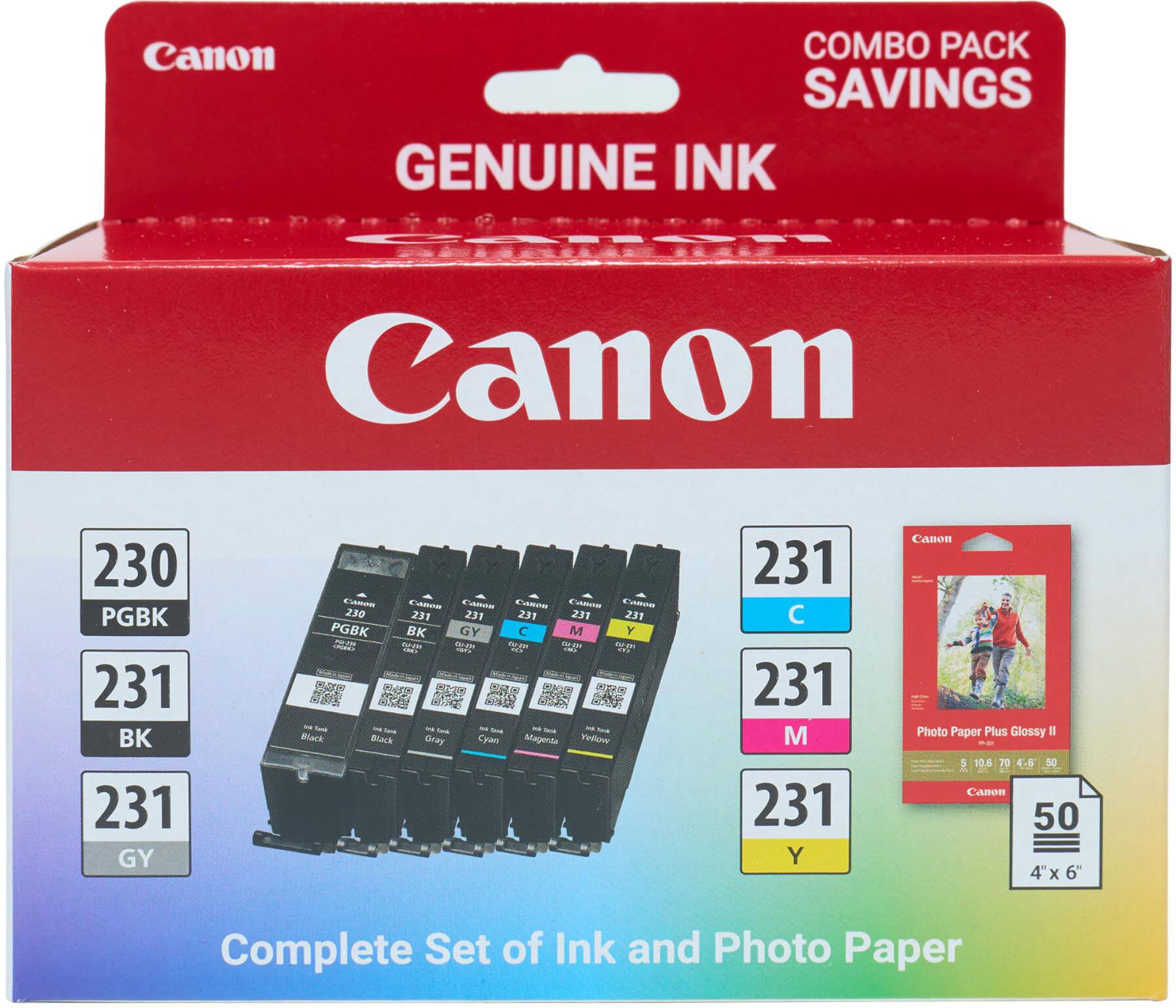 Canon COMBO PACK SAVINGS GENUINE INK Canon 230 PGBK 231 BK 231 GY 231 C 231 M 231 Y Canon Photo Paper Plus Glossy II 50 4' x 6' Complete Set of Ink and Photo Paper
