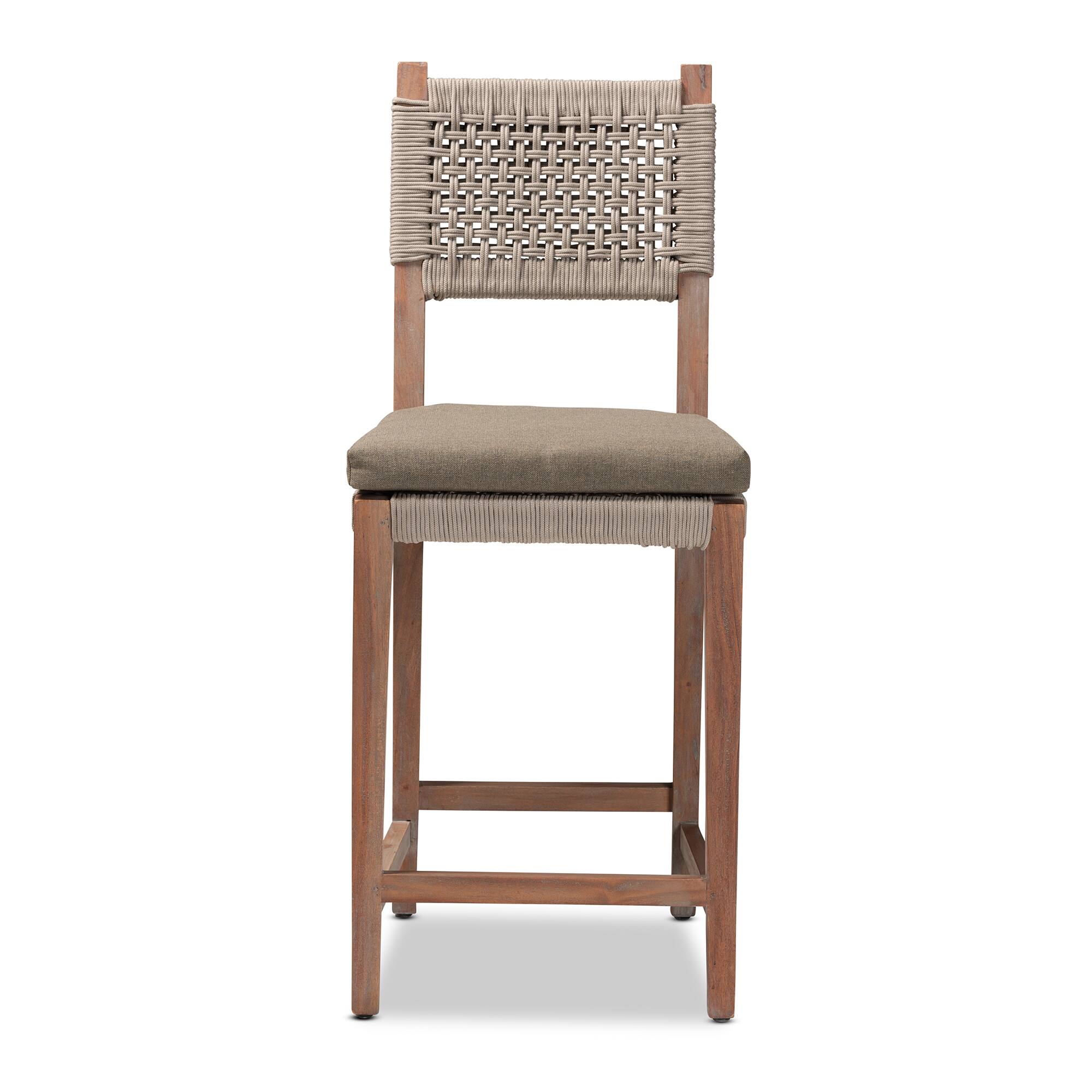 Angle. bali & pari - Heyna Mid-Century Transitional Woven Rope Mahogany Counter Stool - Grey/Natural Brown.