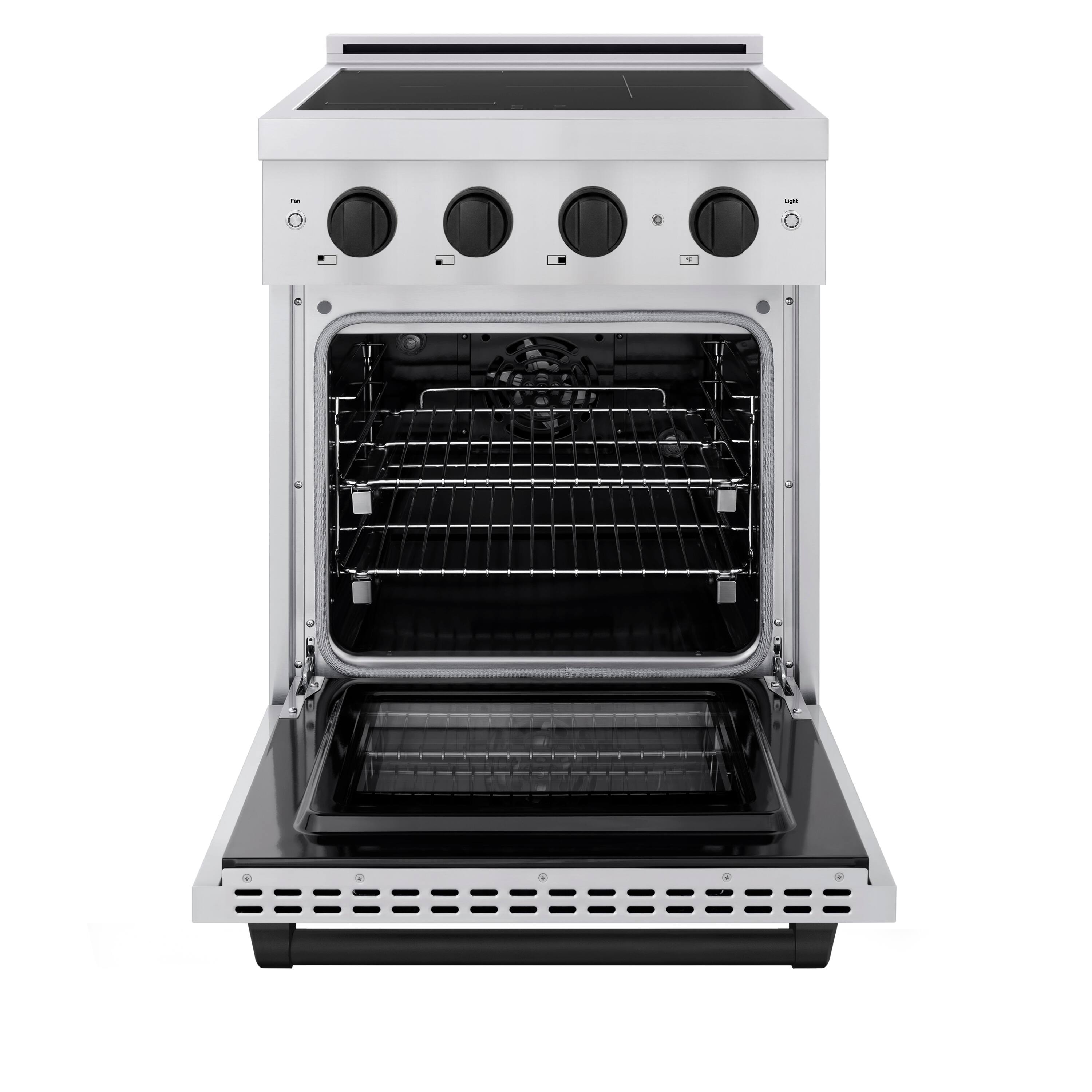 Angle. ZLINE - Autograph 24 in. 3.2 cu. ft. Paramount Freestanding Induction Range with 3 Burners and Electric Oven w/ Black Accents - Stainless Steel.