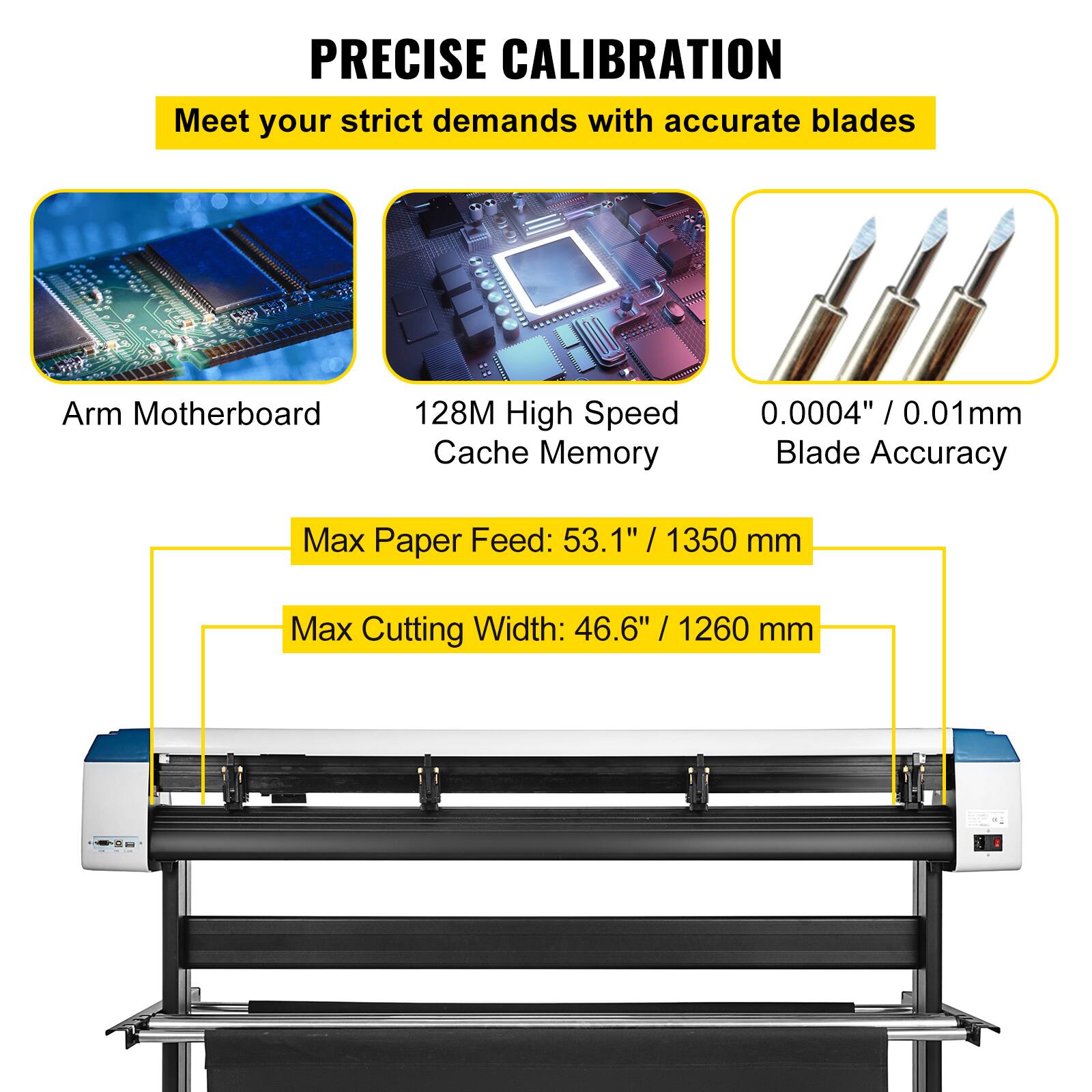 PRECISE CALIBRATION  
Meet your strict demands with accurate blades  

- Arm Motherboard  
- 128M High Speed Cache Memory  
- 0.0004" / 0.01mm Blade Accuracy  

Max Paper Feed: 53.1" / 1350 mm  
Max Cutting Width: 46.6" / 1260 mm