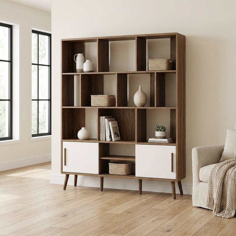 Left. FurniFact - Wooden 59-Inch Bookcase with Sliding Doors for Elegant Storage - Brown.