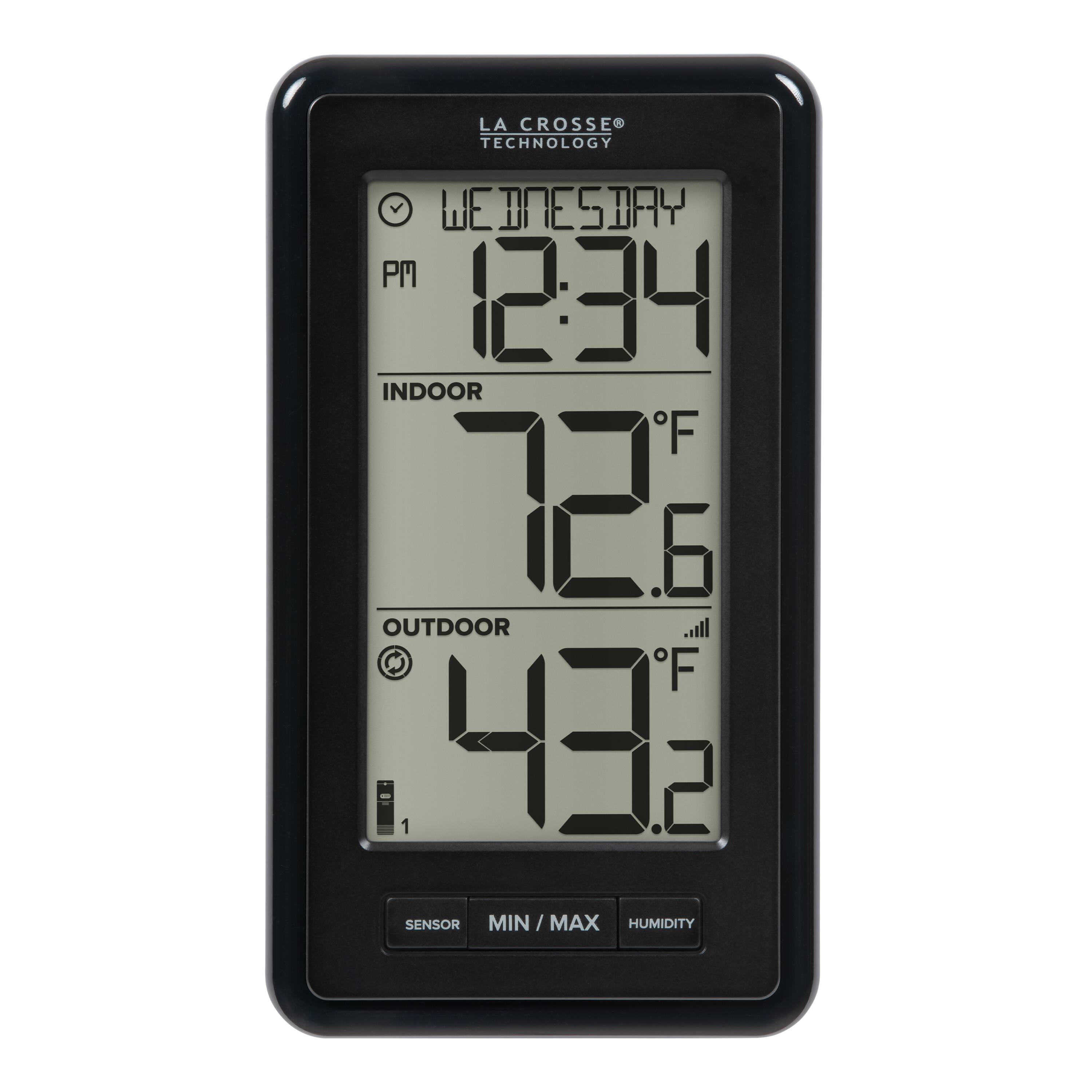 LA CROSSE TECHNOLOGY  
WEDNESDAY  
PM 12:34  
INDOOR 72°F 6  
OUTDOOR 43°F 2  
SENSOR MIN / MAX HUMIDITY