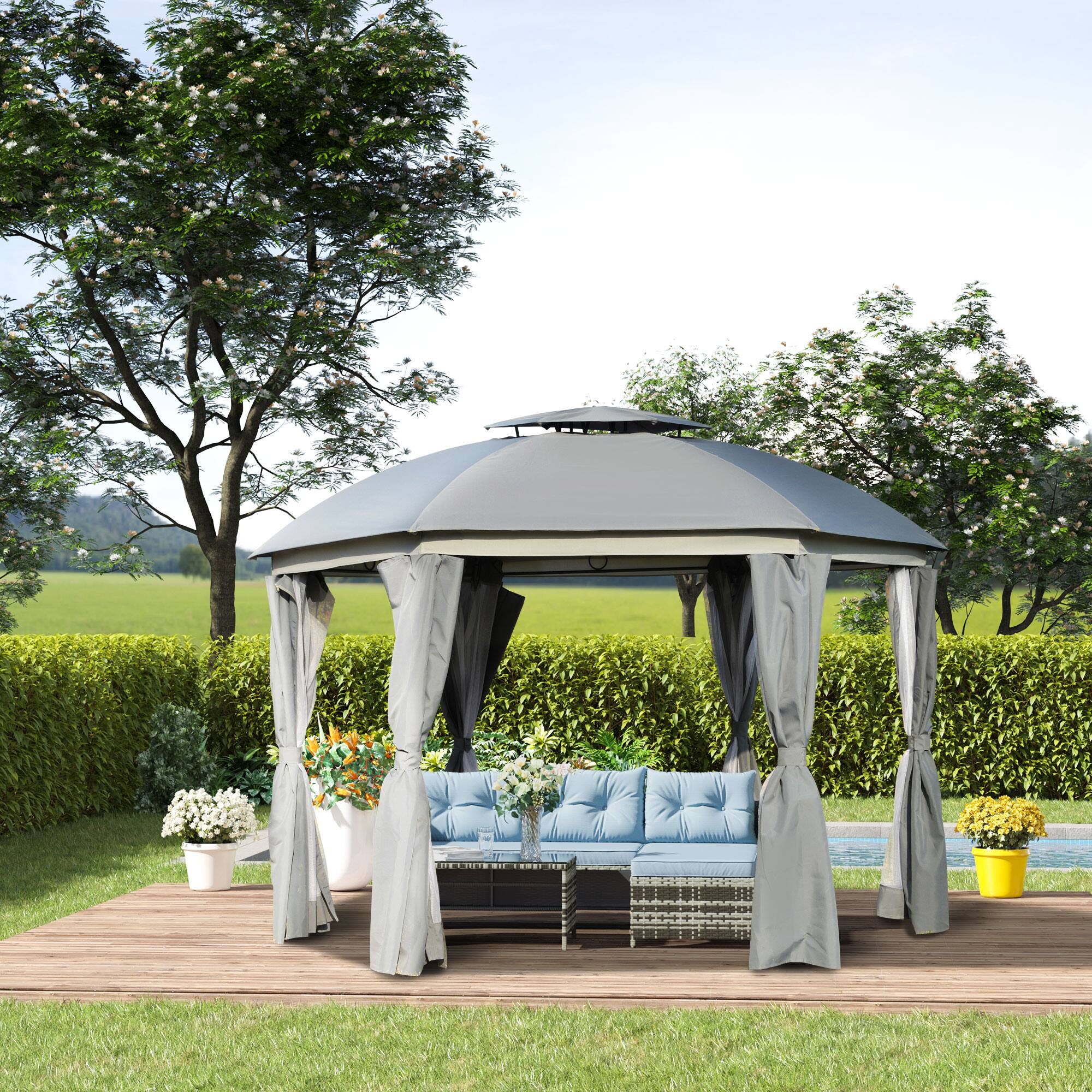 Angle. Outsunny - 10' x 14' Outdoor Gazebo, Patio Gazebo Canopy Shelter w/Double Vented Roof, Zippered Mesh Sidewalls - Grey.
