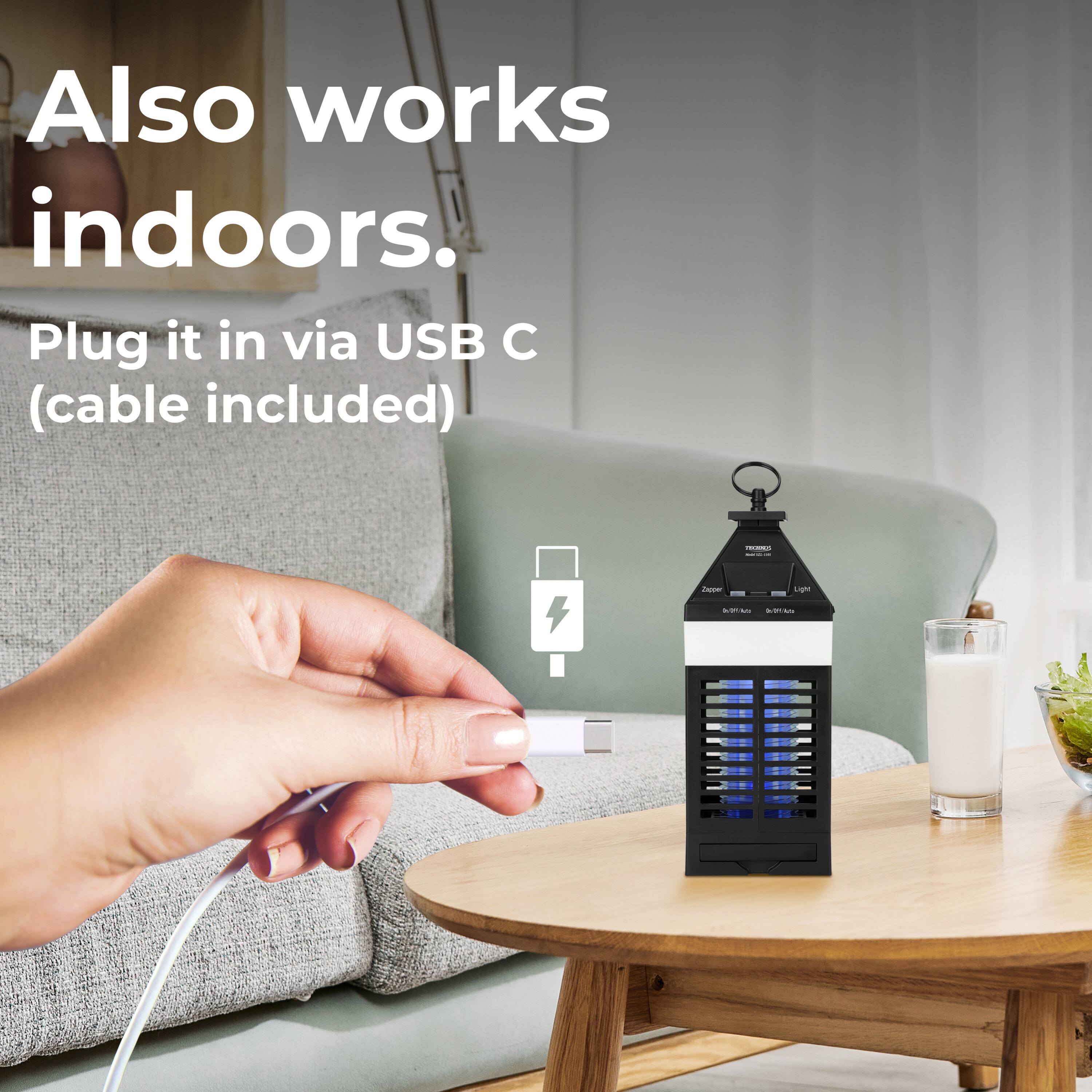 Also works indoors. Plug it in via USB C (cable included)