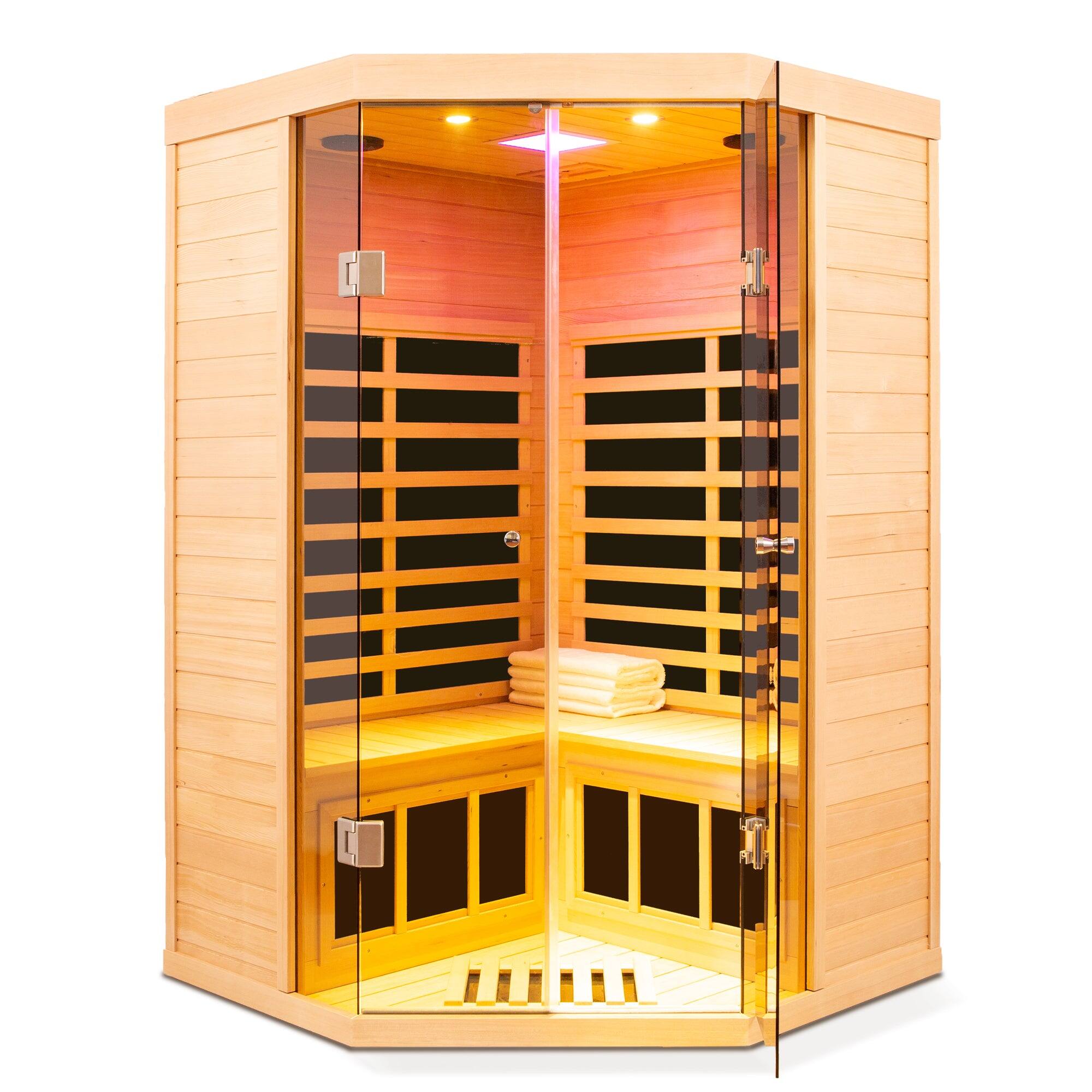 Alt View 5. Boyel Living - Two-Person Hemlock Far Infrared Corner Sauna with Bluetooth and LED Lights - Natural.