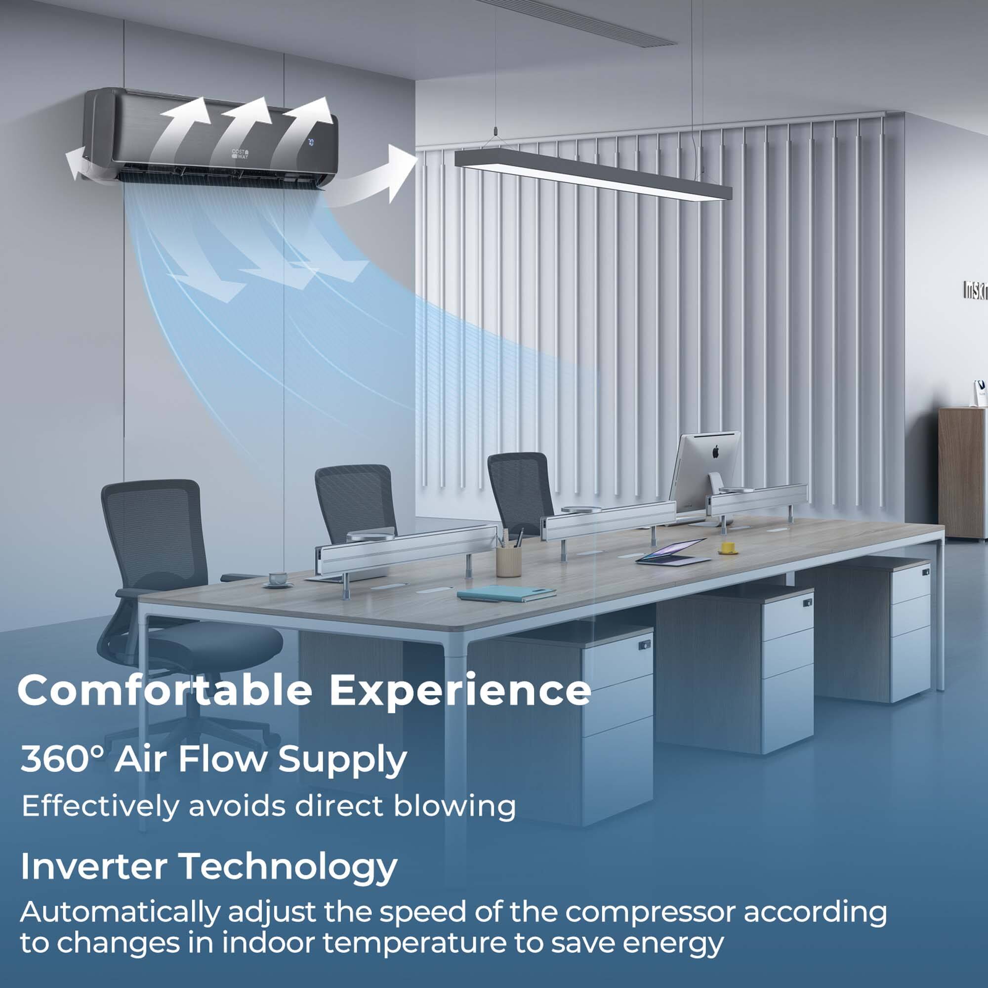 Imstir Comfortable Experience 360 Air Flow Supply Effectively avoids direct blowing Inverter Technology Automatically adjusts the speed of the compressor according to changes in indoor temperature to save energy.