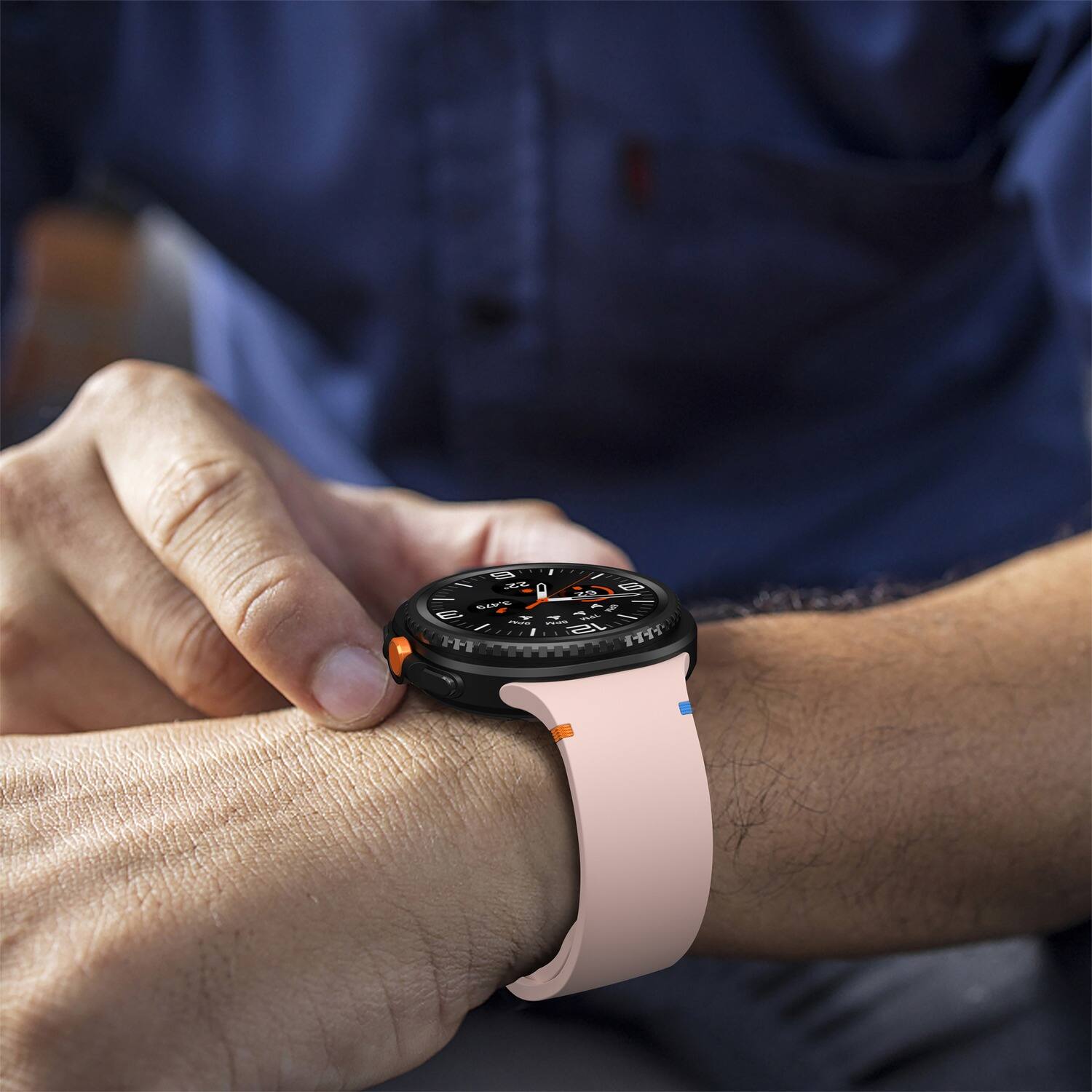 Left. StrapsCo - Active Band Silicone Rubber Watch Strap For Samsung Galaxy Watch 8 (Medium-Long) - Blush.