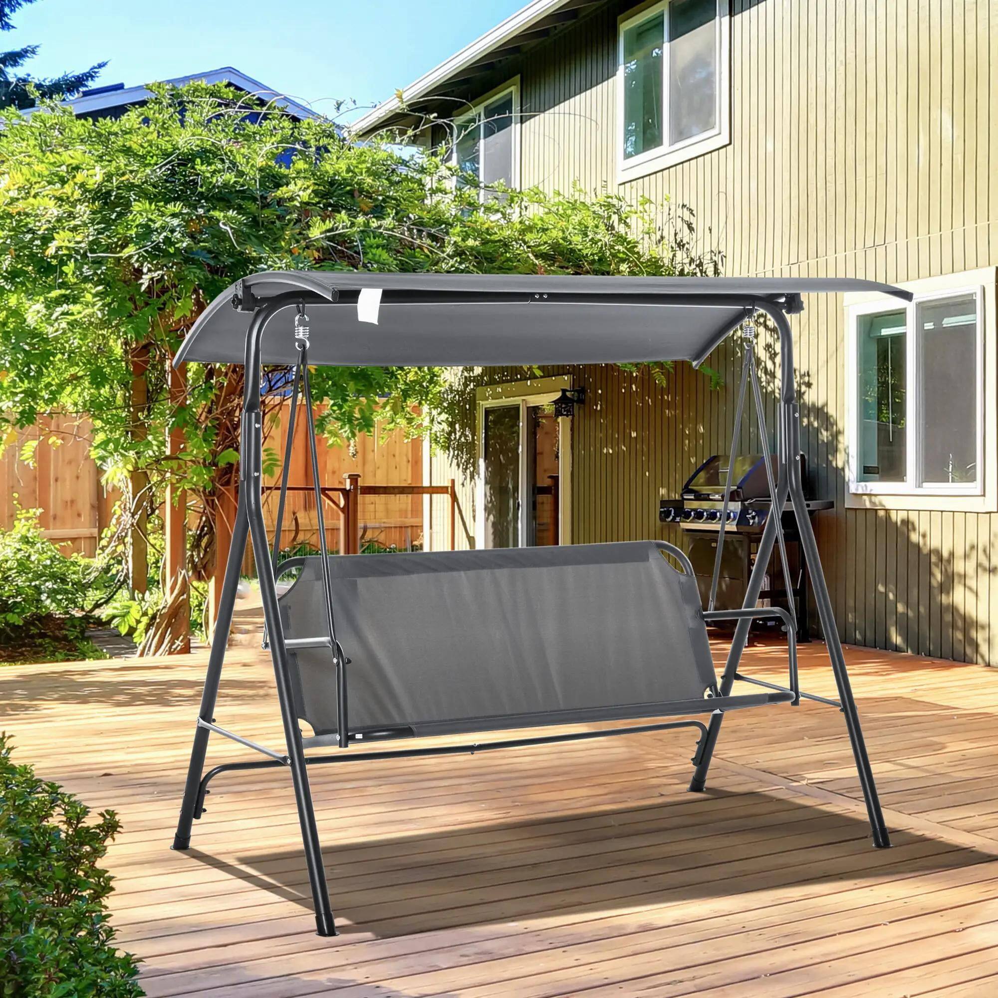 Alt View 10. Resenkos - Resenkos 3-Person Swing Set, Outdoor Patio Swing With Adjustable Canopy, Steel Frame Bench Seat, Gray.