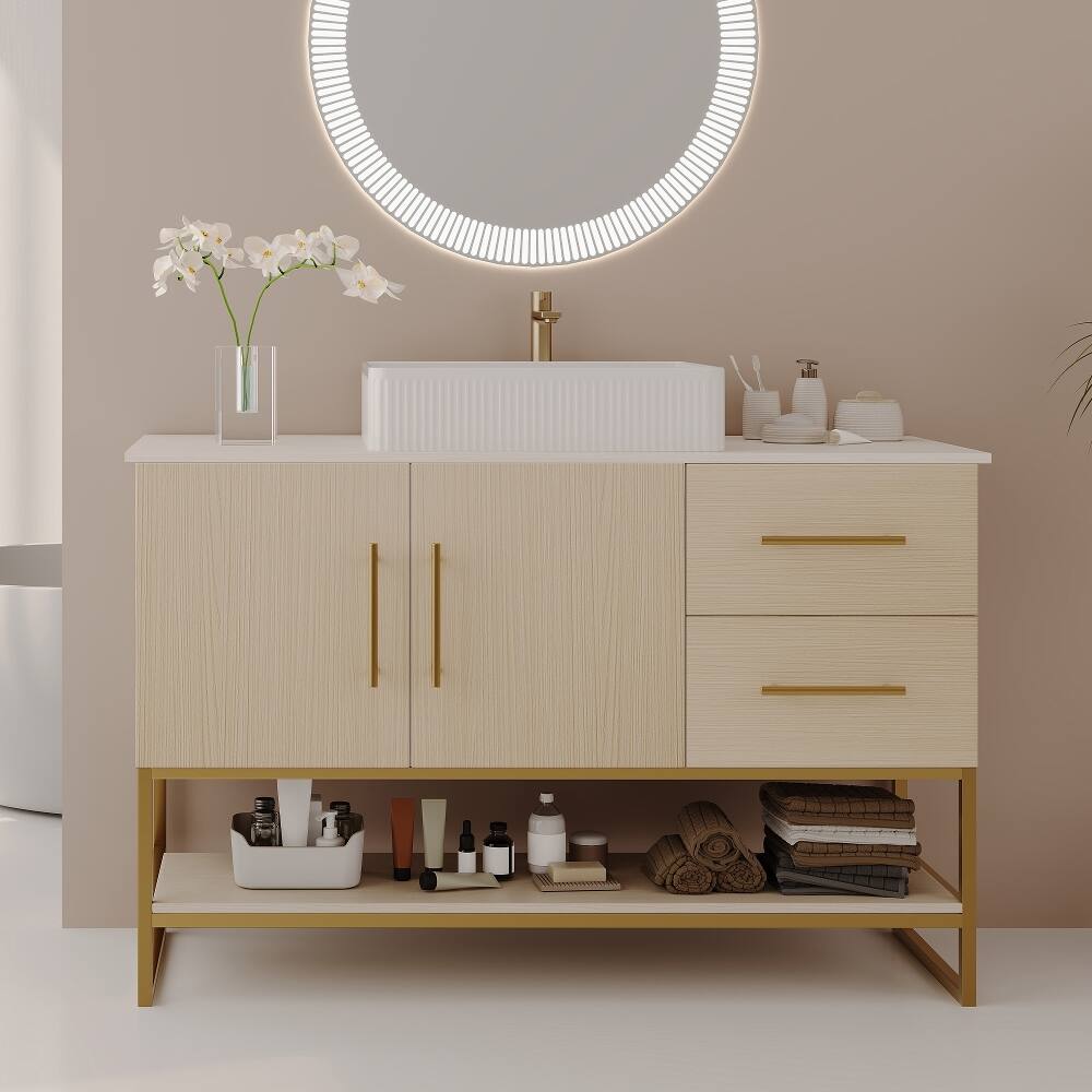 Angle. Loheer - Loheer 47.2 inch modern bathroom vanity Ceramic Vessel Sink Gold Accent - American White Oak, Gold, White.