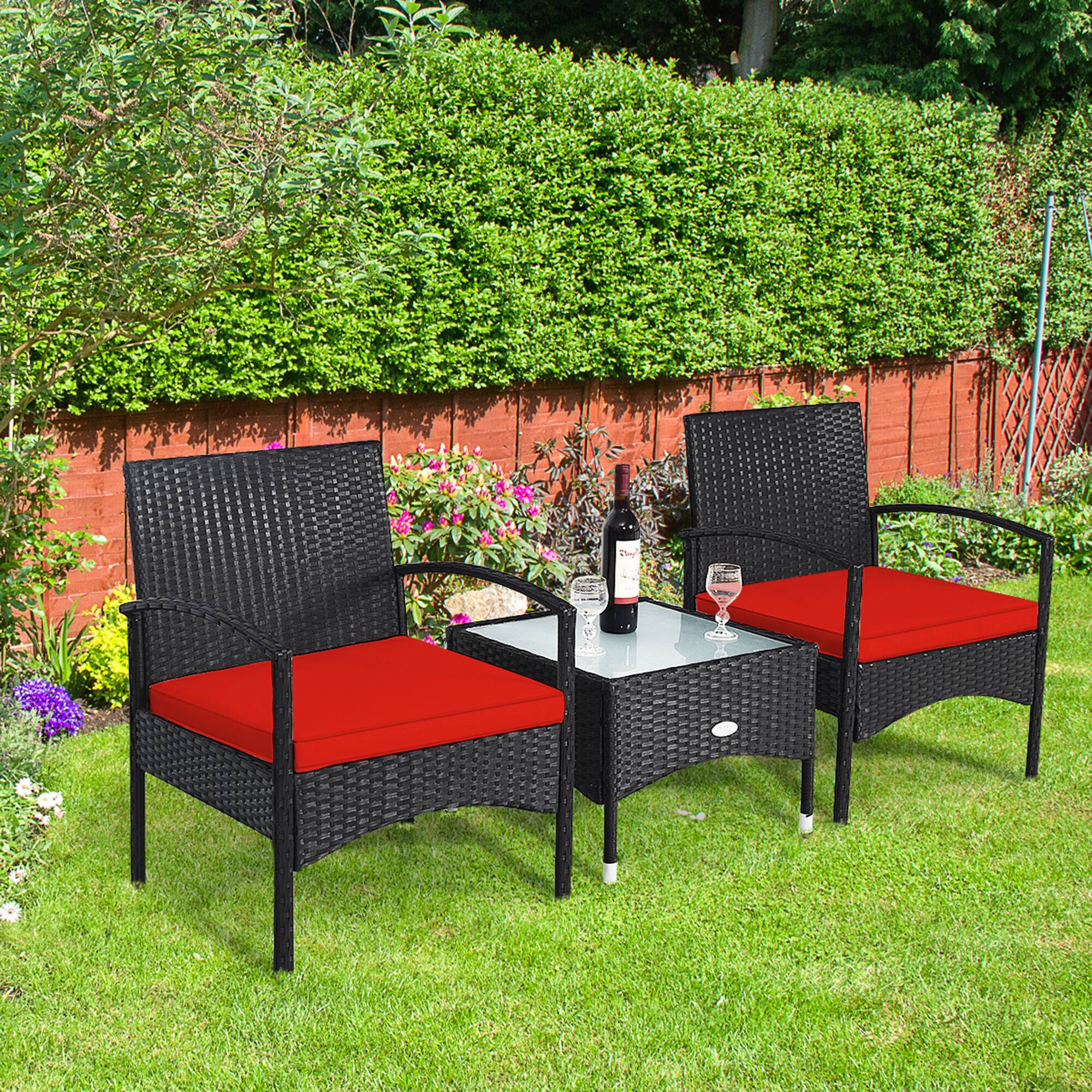 Gymax - 3 PCS Patio Wicker Rattan Furniture Set Coffee Table & 2 Rattan Chair w/ Cushion - Red
