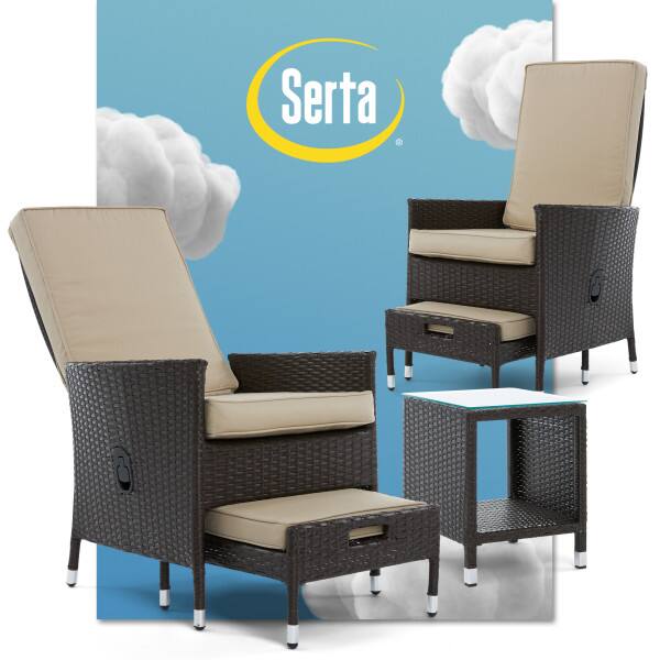 Serta - Laguna 5-Piece Outdoor Patio Furniture Reclining Set, Brown Wicker with Cushions - Beige