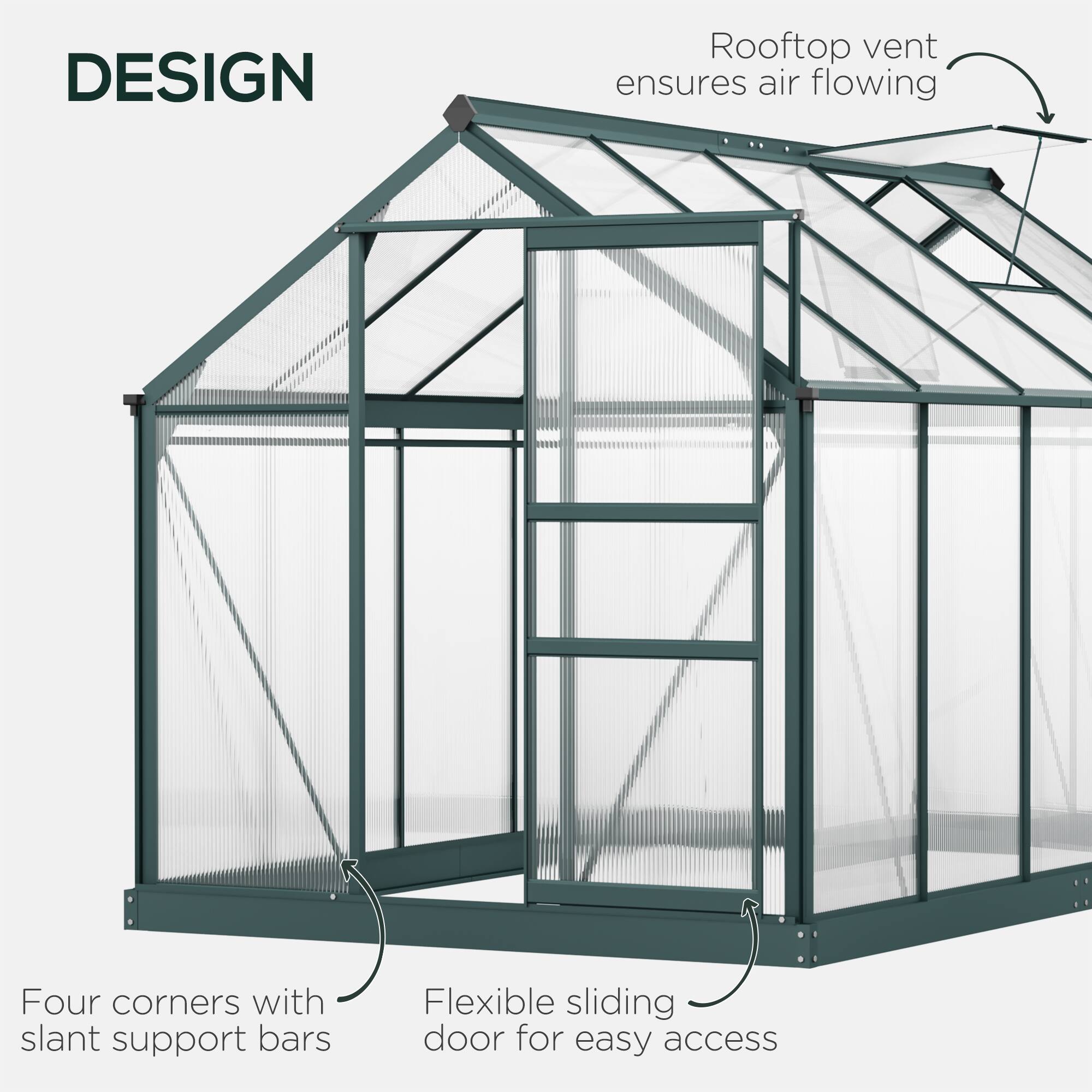 DESIGN

- Rooftop vent ensures air flowing
- Four corners with slant support bars
- Flexible sliding door for easy access