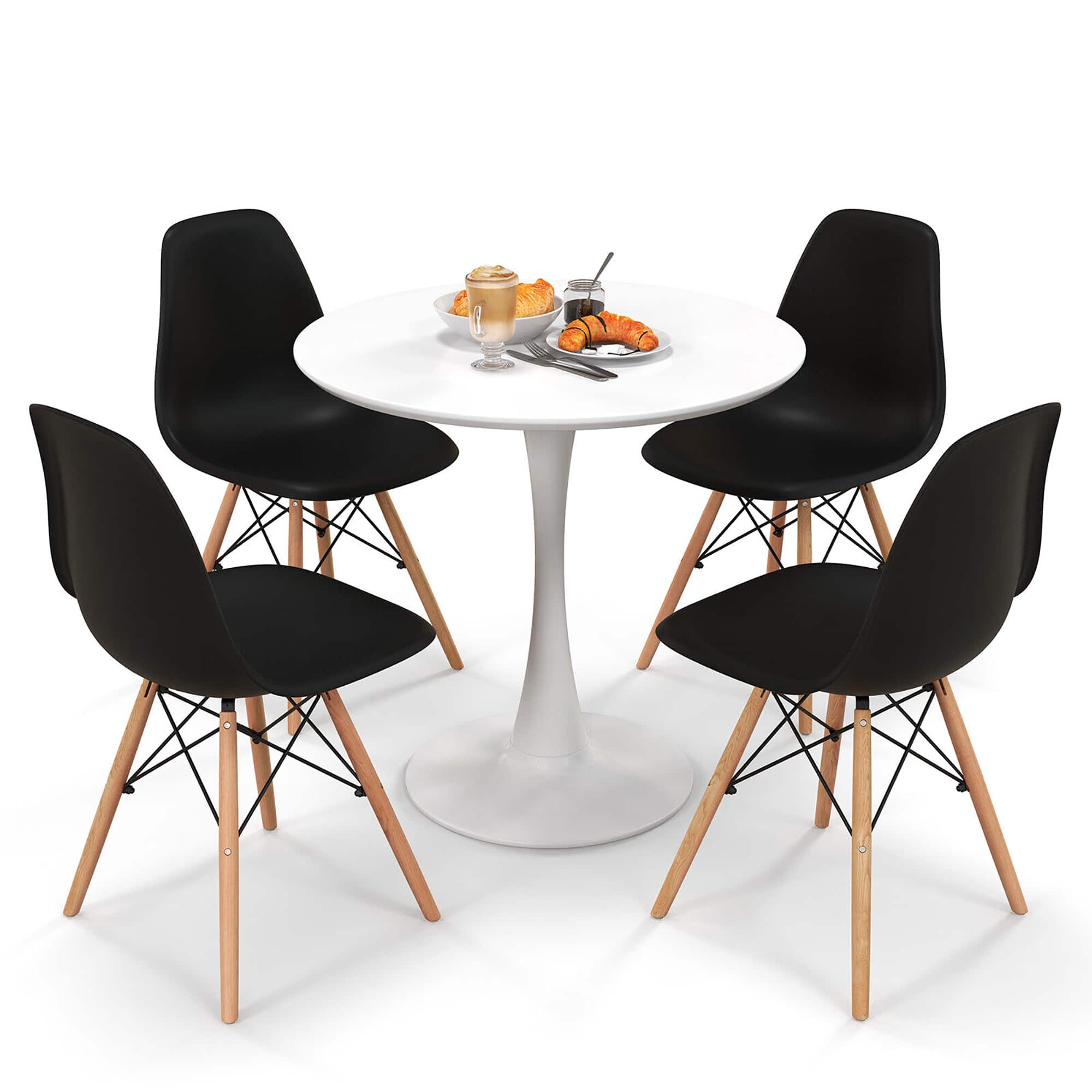 Gymax - 5 PCS Dining Set Modern Round Dining Table 4 Chairs for Small Space Kitchen - Black, White, Natural
