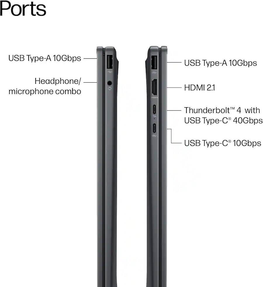Ports  
USB Type-A 10Gbps  
Headphone/ microphone combo  
HDMI 2.1  
Thunderbolt™ 4 with USB Type-C® 40Gbps  
USB Type-C® 10Gbps