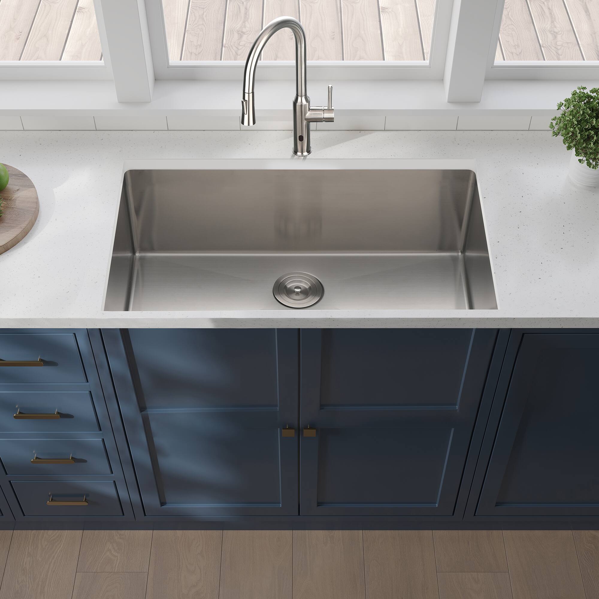 Front. ELEMENT ACE - Undermount Single Bowl Stainless Steel Kitchen Sink - 33x19x10 Inch - Brushed Nickel.