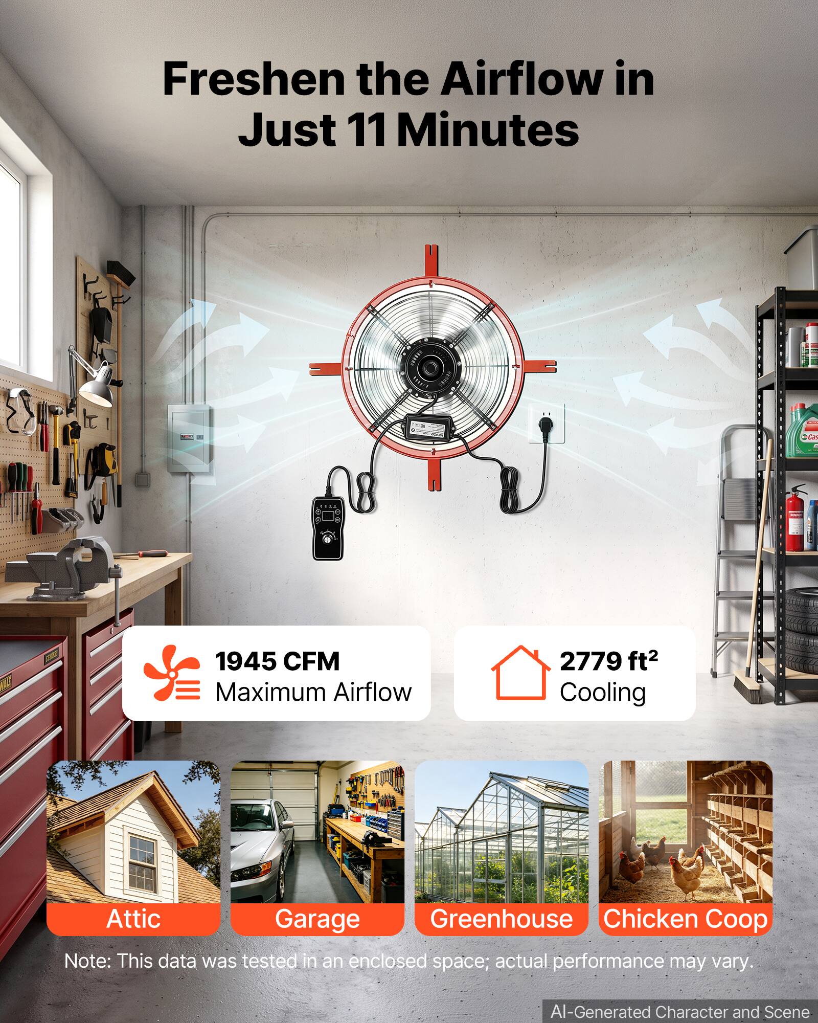 Freshen the Airflow in Just 11 Minutes

1945 CFM Maximum Airflow
2779 ft² Cooling

Attic Garage Greenhouse Chicken Coop

Note: This data was tested in an enclosed space; actual performance may vary.

AI-Generated Character and Scene