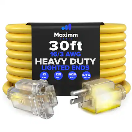Maximm Cable
30ft
16/3 AWG
HEAVY DUTY
LIGHTED ENDS
13 AMP
125 VOLT
1625 WATT
SJTW JACKET