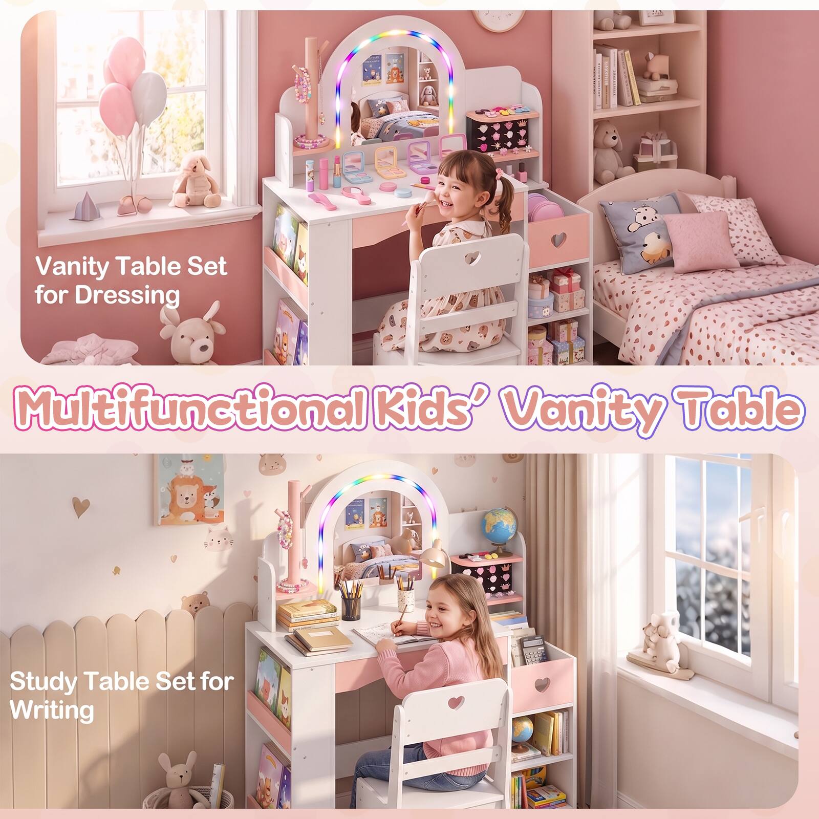 Vanity Table Set for Dressing  
Multifunctional Kids' Vanity Table  
Study Table Set for Writing