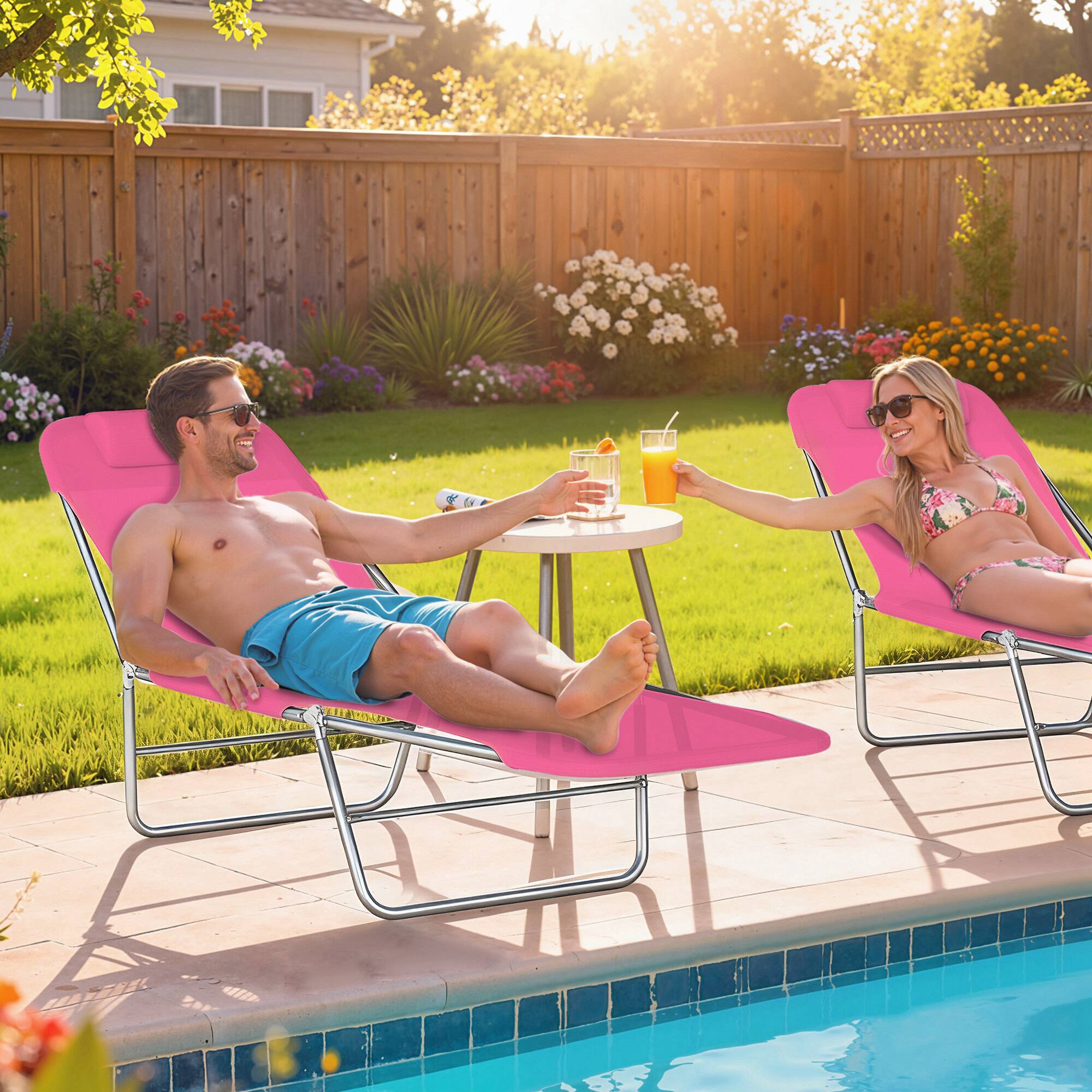 Alt View 1. Outsunny - Folding Chaise Lounge Chair, Pool Sun Tanning Chair, Outdoor Lounge Chair with Reclining Back, Breathable Mesh Seat - Pink.
