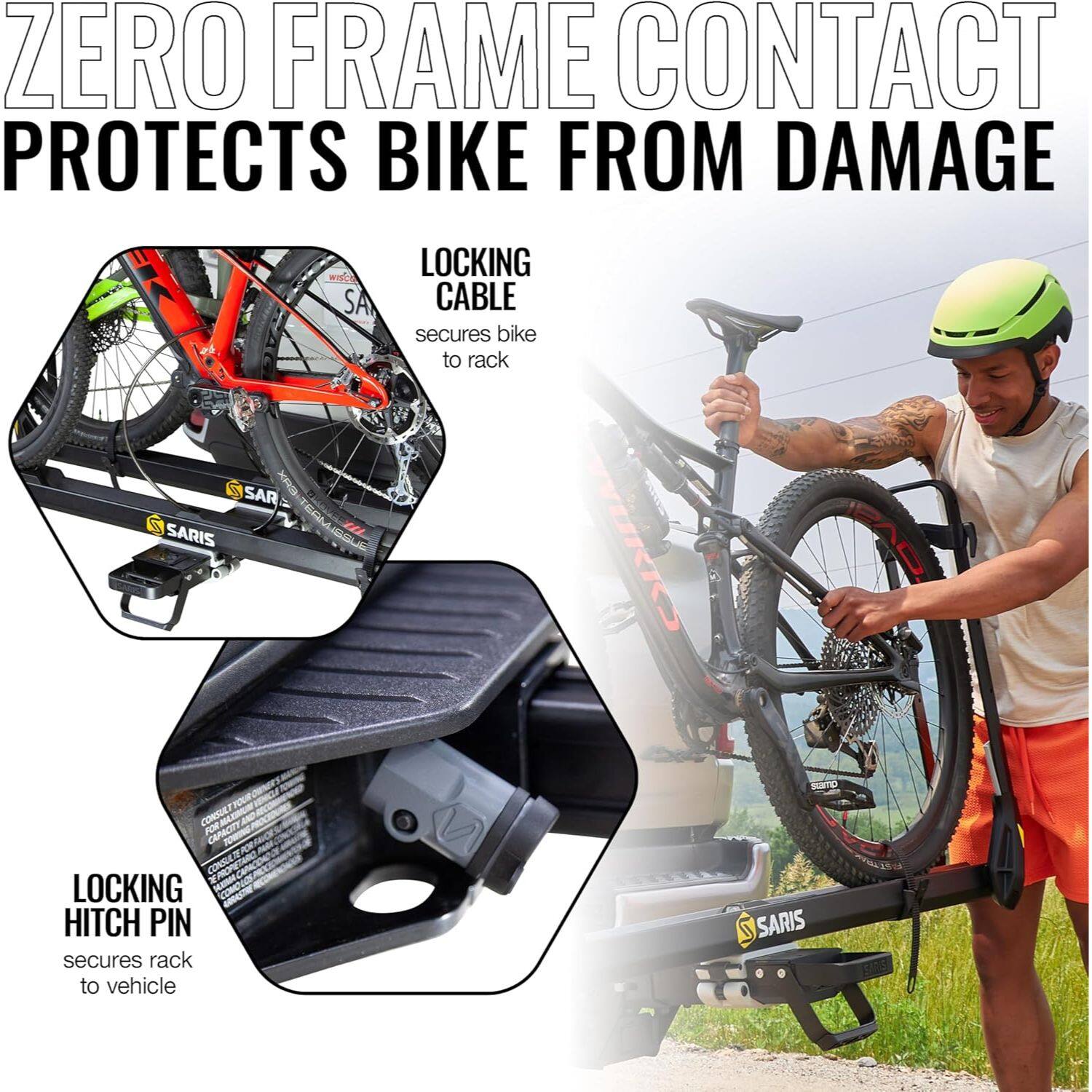 ZERO FRAME CONTACT PROTECTS BIKE FROM DAMAGE

LOCKING CABLE secures bike to rack

LOCKING HITCH PIN secures rack to vehicle