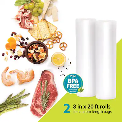 The text on the image reads: "PFAS and BPA FREE FOOD GRADE MATERIAL 2 8 in X 20 ft rolls for custom-length bags."