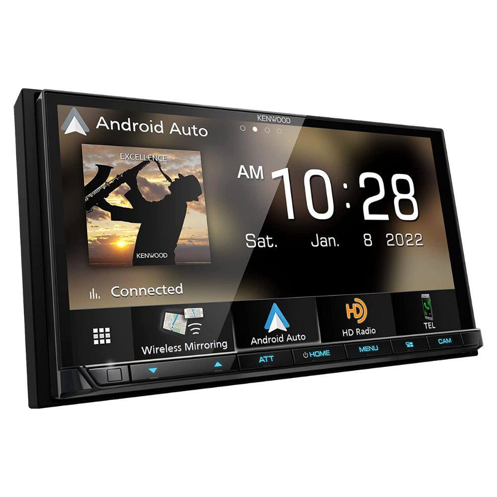 KENWOOD Android Auto  
EXCELLENCE  
AM 10:28  
Sat. Jan. 8 2022  

Connected  
Wireless Mirroring  

Android Auto  
HD Radio  
TEL  
CAM  

ATT  
HOME  
MENU