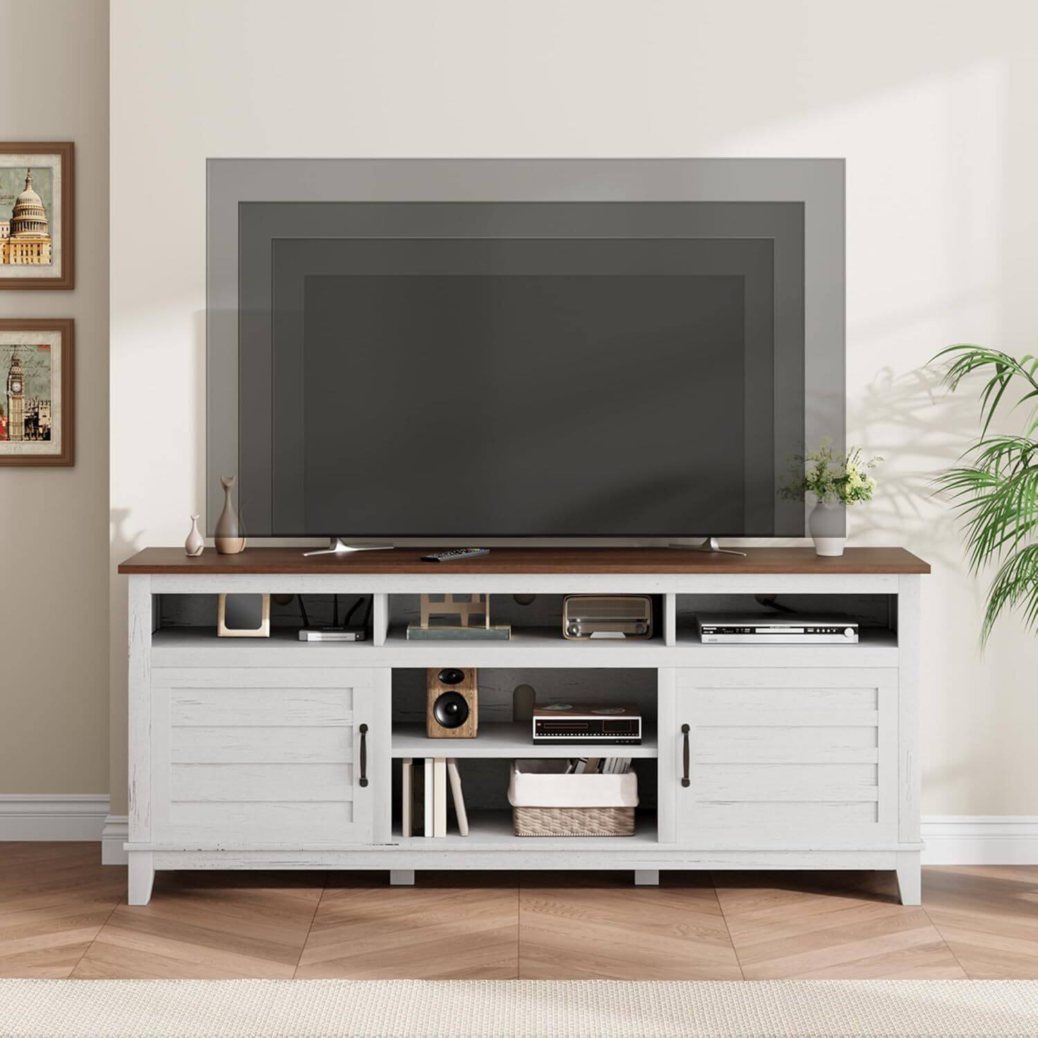 Front. GARVEE - 70.9" Entertainment Center TV Stand with Adjustable Shelves, Cabinet, White - White.