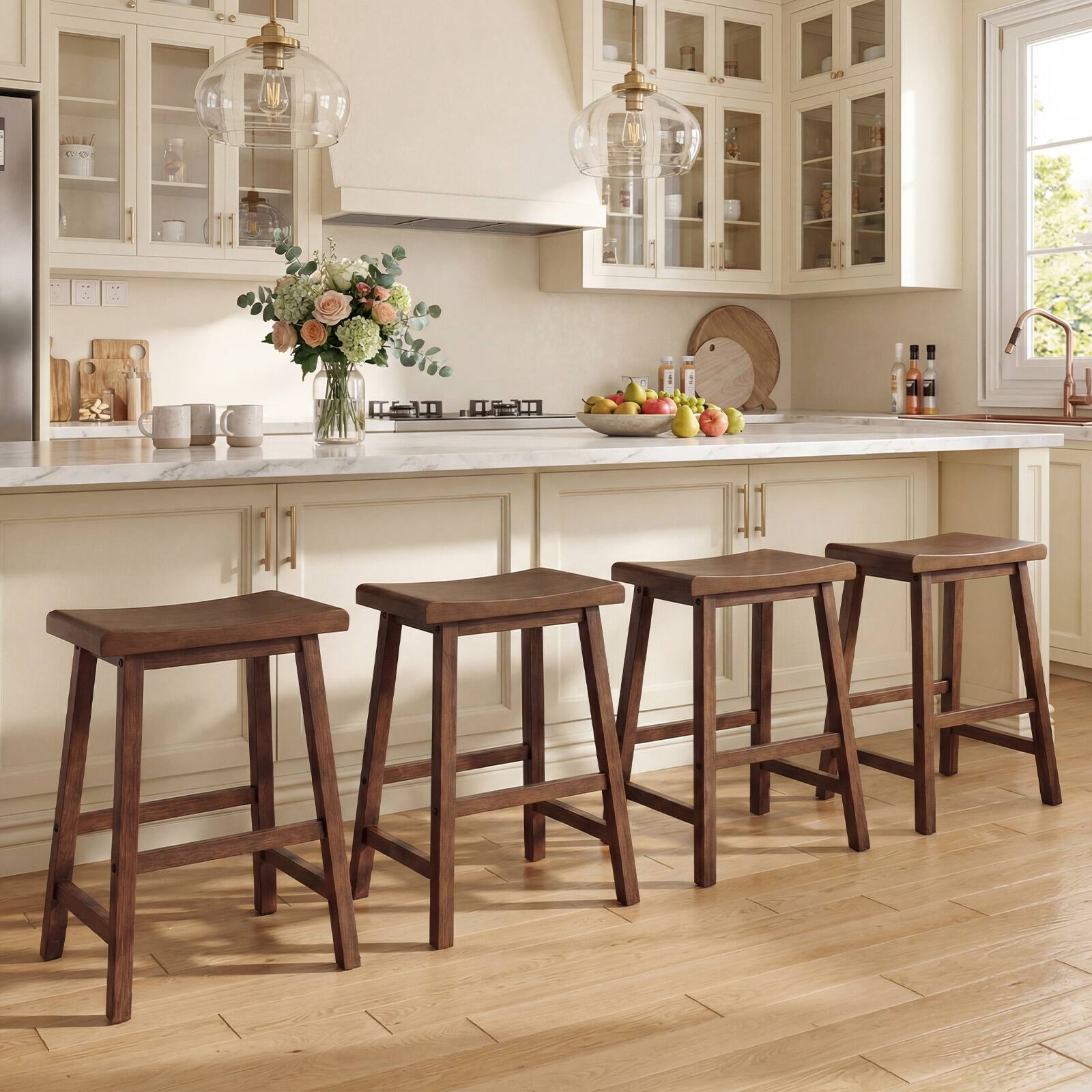 Alt View 1. Gymax - Gymax Solid Wood Saddle Bar Stools Set of 4 Backless Wooden Barstools w/Footrests Brown - Brown.