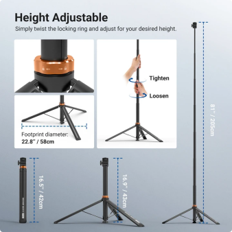Height Adjustable  
Simply twist the locking ring and adjust for your desired height.  

Tighten  
Loosen  

Footprint diameter:  
22.8" / 58cm  
16.5" / 42cm  
16.9" / 43cm