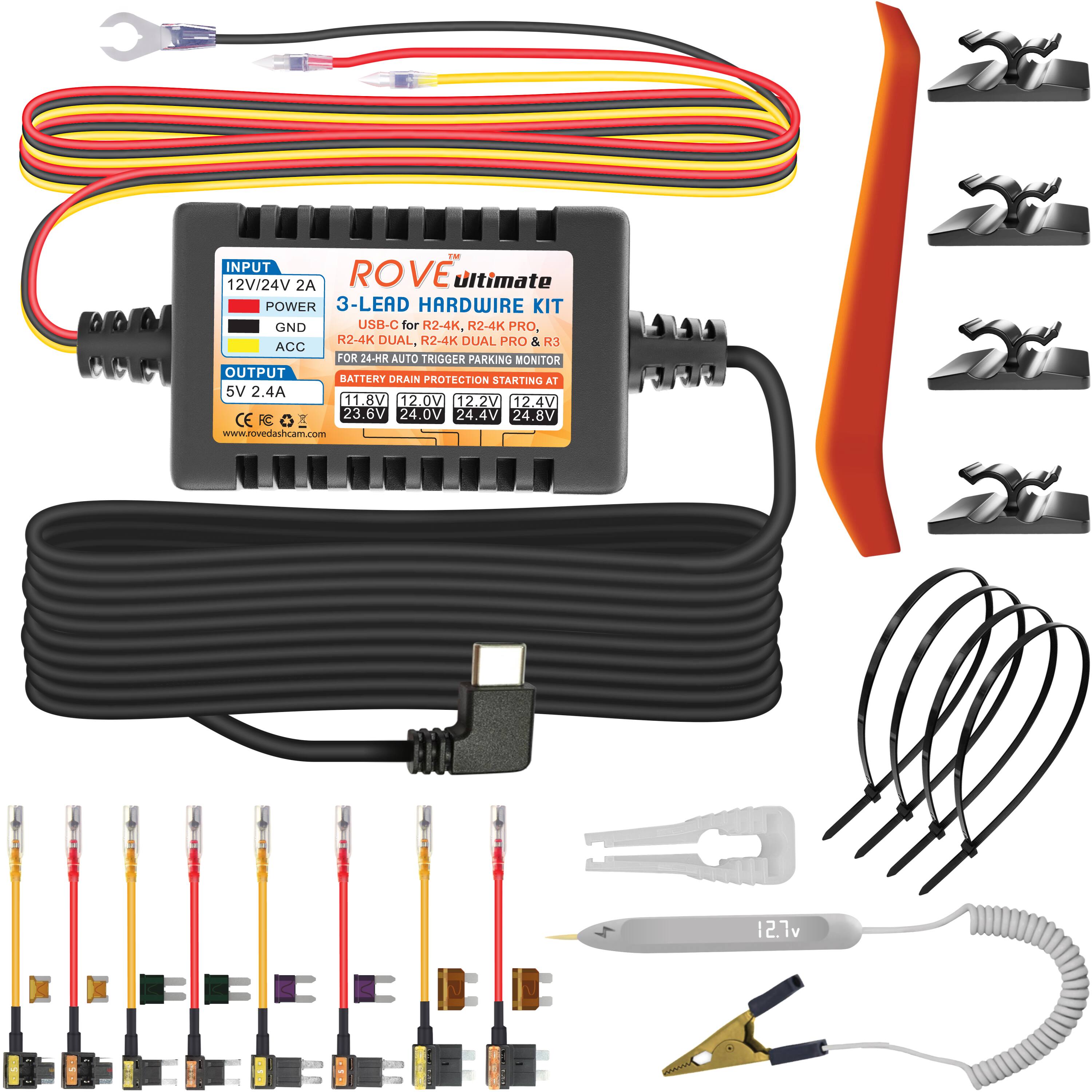 Here is the corrected and grouped text from the image:

---

**Product Description:**

- **Input:** 12V/24V 2A
- **Output:** 5V 2.4A
- **Voltage Range:** 11.8V, 12.0V, 12.2V, 12.4V, 23.6V, 24.0V, 24.4V, 24.8V, 12.7V
- **Features:** Battery Orain Protection, Starting T.A
- **Compatibility:** R2-4K, R2-4K PRO, R2-4K DUAL, R2-4K DUAL PRO, R3 ACC for 24-HR Auto Trigger Parking Monitor
- **Certifications:** CE, RC

**Product:** ROVE Ultimate 3-Lead Hardwire Kit with USB-C

**Website:** www.zovedashcam.com

---

This text provides a clear and organized description of the product's specifications and features.