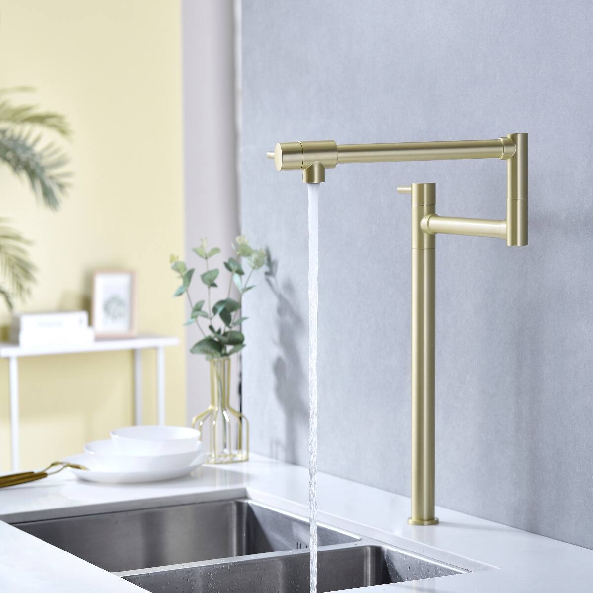 Alt View 8. Ropilly - Ropilly Wall Mount Pot Filler Faucet, Brass Pot Filler Faucet in Gold With Double Handles and Swivel Arm - Gold.