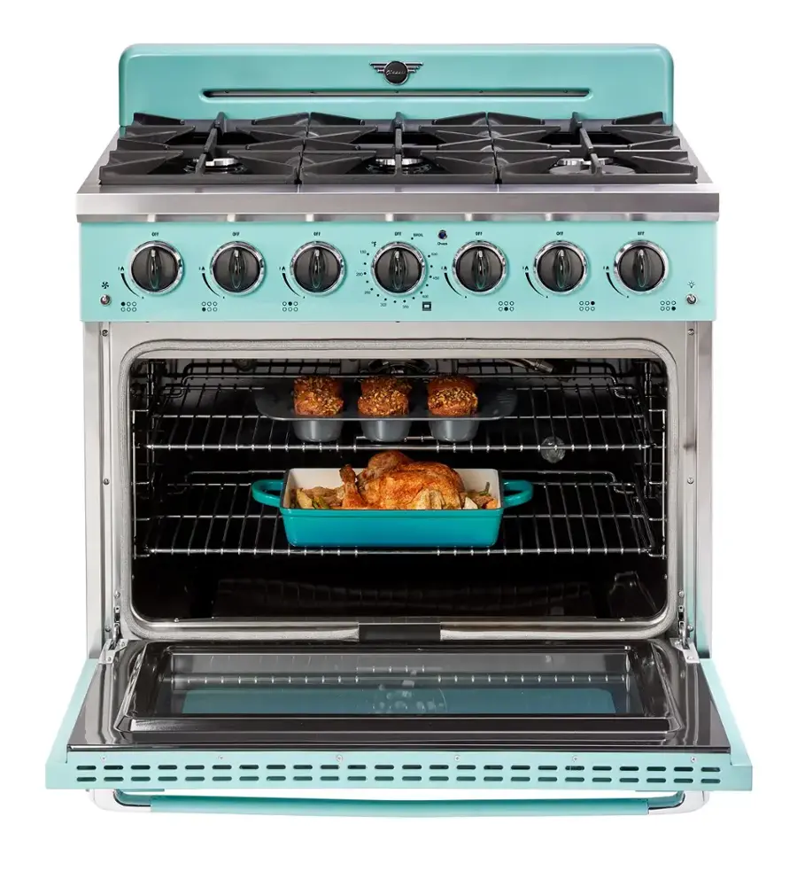 The image features a blue and white oven with a turkey inside of it. The oven is open, revealing the turkey and its surroundings. The turkey is placed in a pan, and there are several cups placed around the oven, possibly for cooking or serving purposes. The oven appears to be a stove top oven, with a total of 12 burners visible.