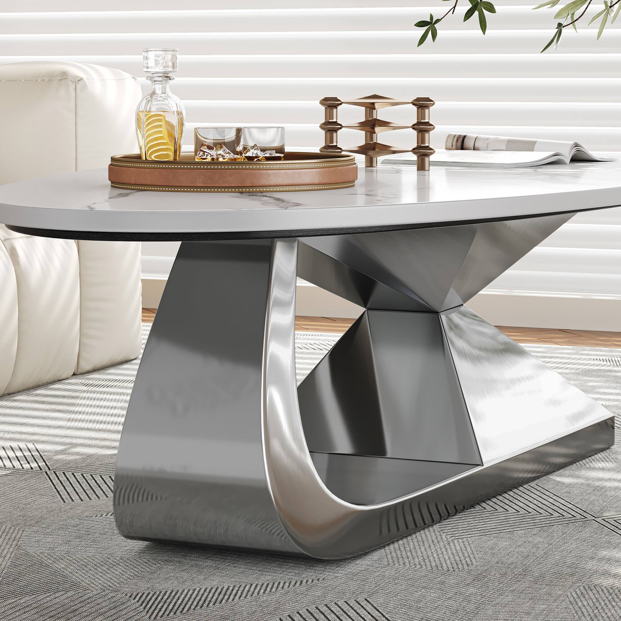 Angle. Tiramisubest - Modern Sintered Stone Tabletop Coffee Table with Stainless Steel Base - Elegant and Durable Living Room Centerpiece - Dark Gray,White.