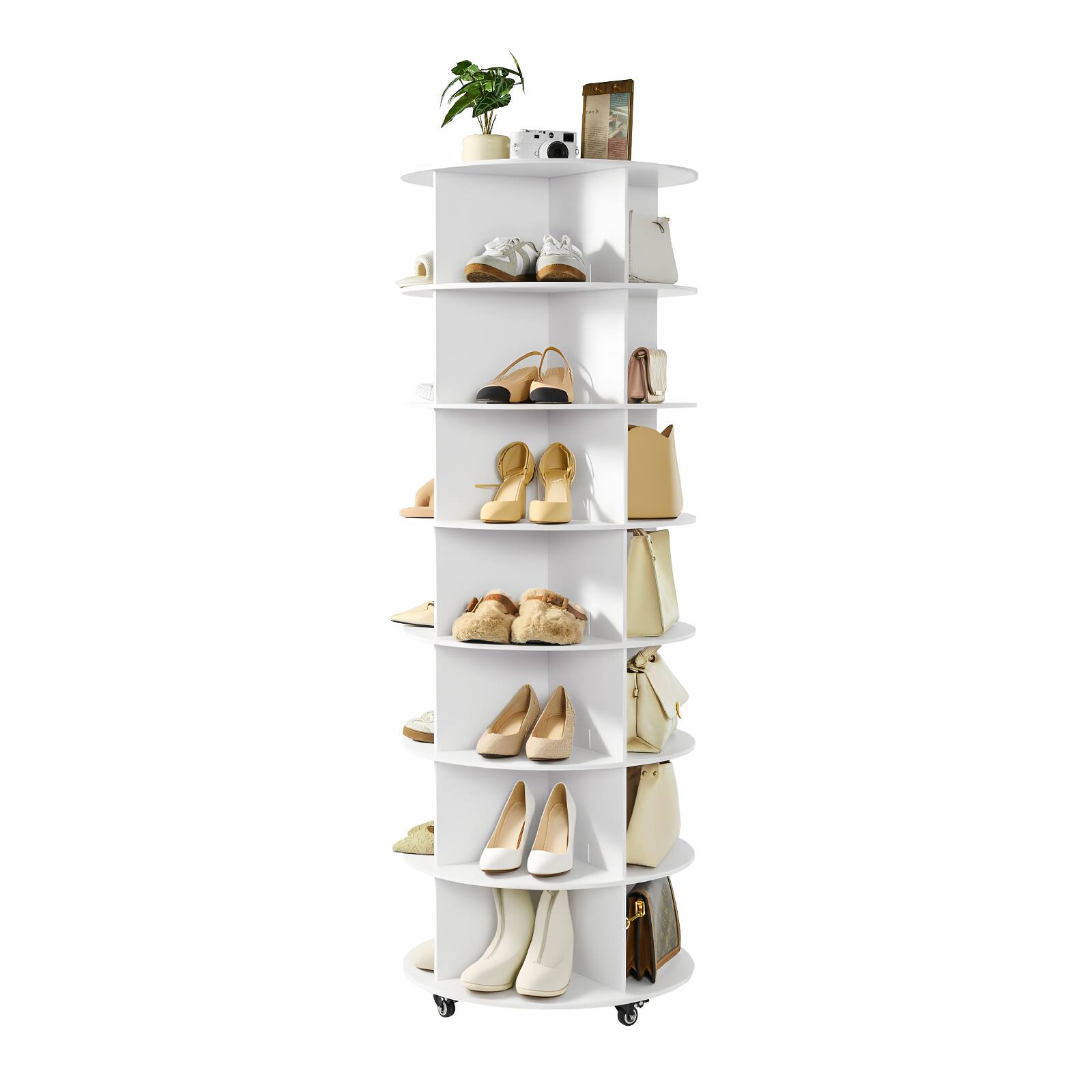 Front. VEVOR - 7 Tiers Rotating Shoe Rack Tower with Wheels, Movable 360° Spinning Carousel Display, Lazy Susan Organizer Closet Shelf - White.