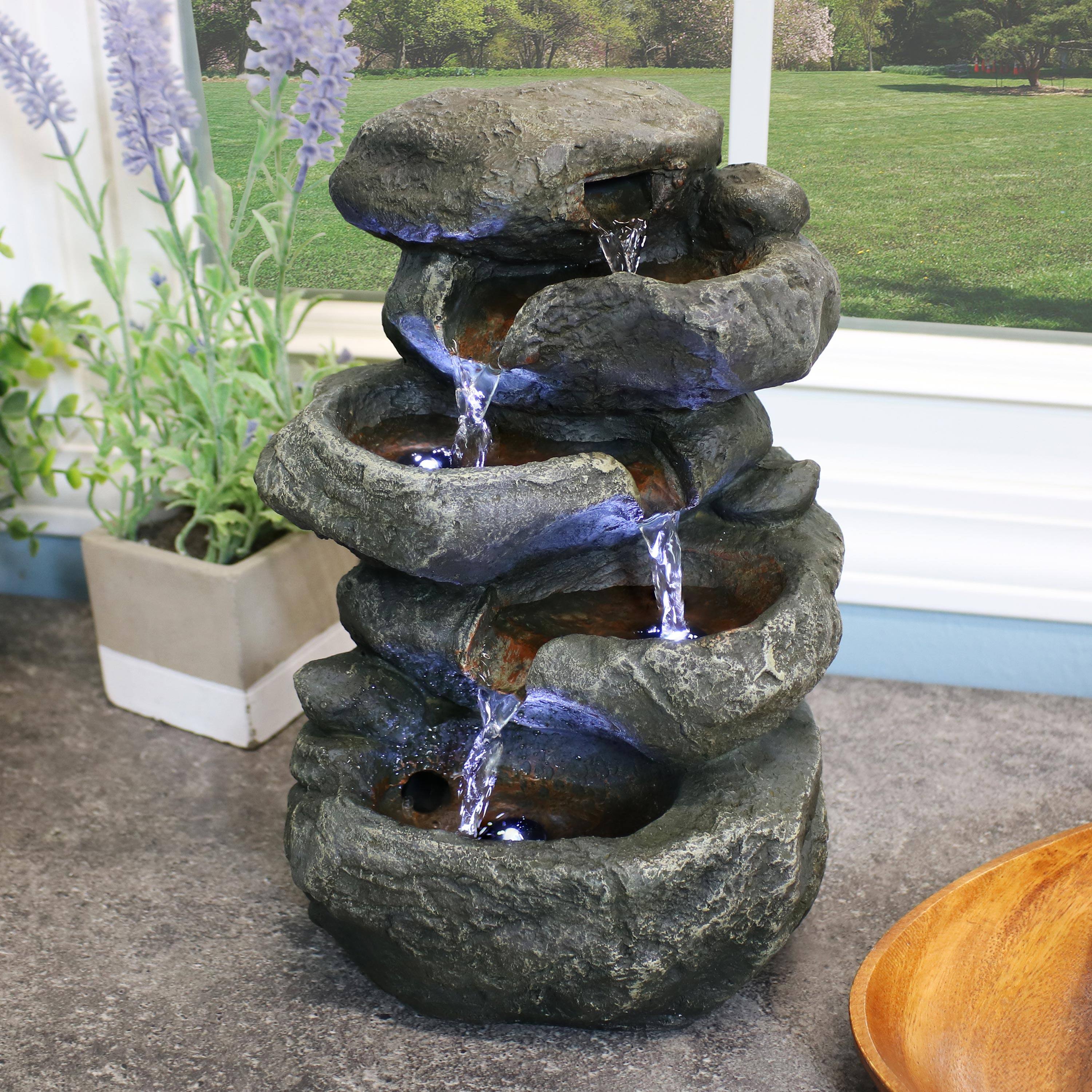 Alt View 7. Sunnydaze - Stacked Rocks Polyresin Indoor Water Fountain with LED - 10.5 in - Light Grey.