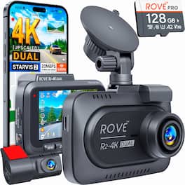 ROVE - R2-4K DUAL Dash Cam Front and Rear, STARVIS 2 IMX675, Free 128GB Card, 4K Upscaled + 1080P, 5.8GHz WiFi - up to 20 MB/s - Black