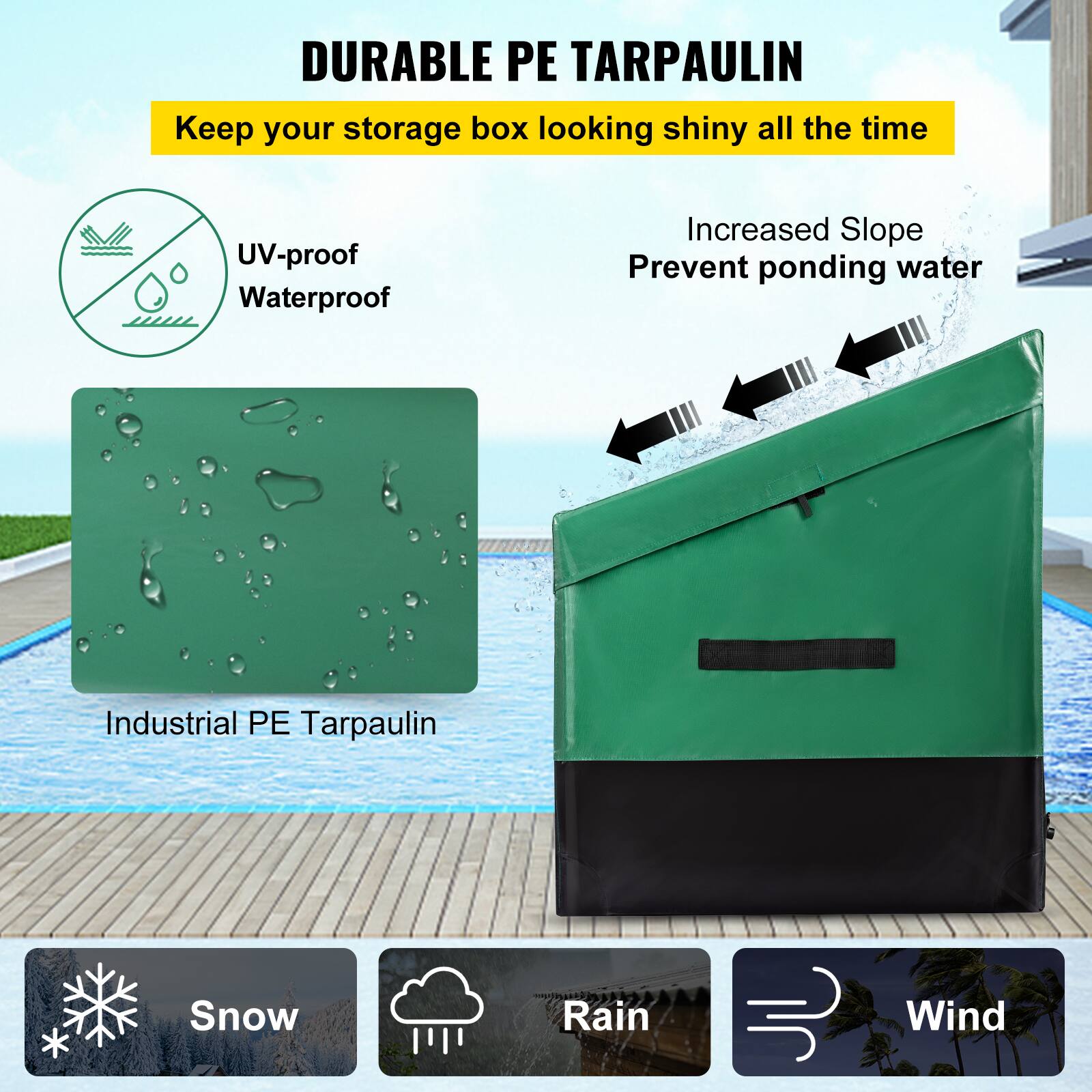 DURABLE PE TARPAULIN

Keep your storage box looking shiny all the time

UV-proof Waterproof

Increased Slope Prevent ponding water

Industrial PE Tarpaulin

Snow Rain Wind