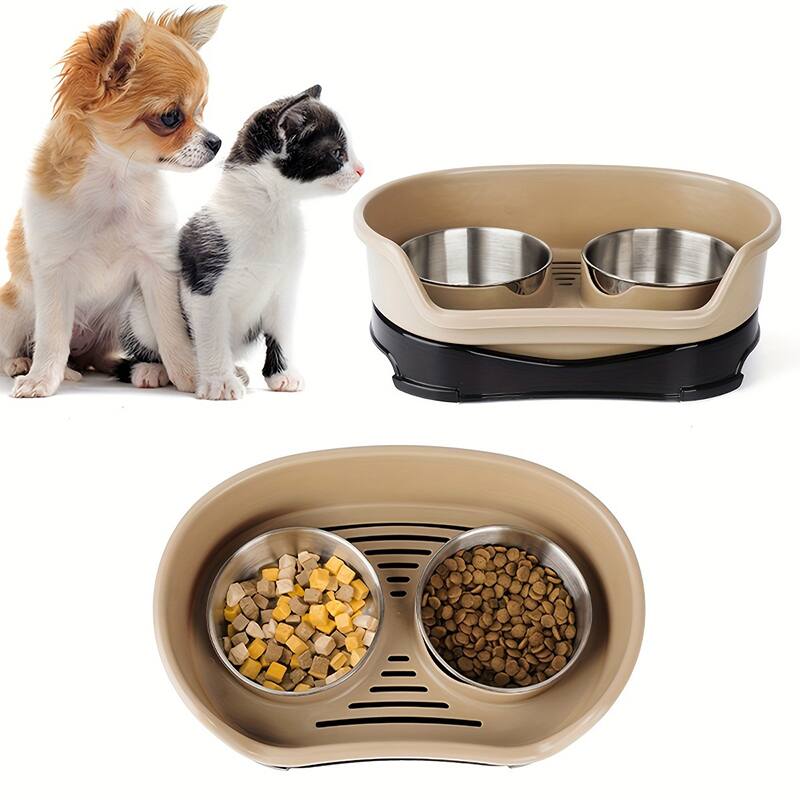 Angle. Supet - One-piece Double Stainless Steel Dog Bowl - Brown.