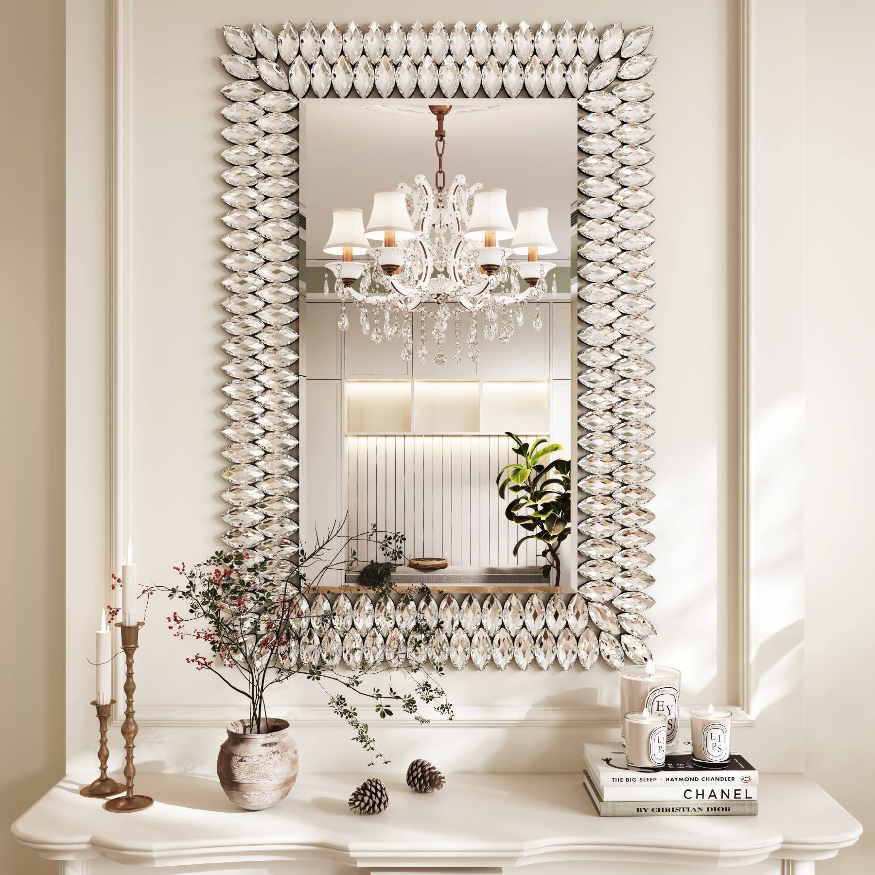 Comfort Essence - Jeweled Luxury Bathroom Mirror For Wall 24"x36" Rectangle Decorative Vanity With Master Bath Half Living - 36"L x 24"W