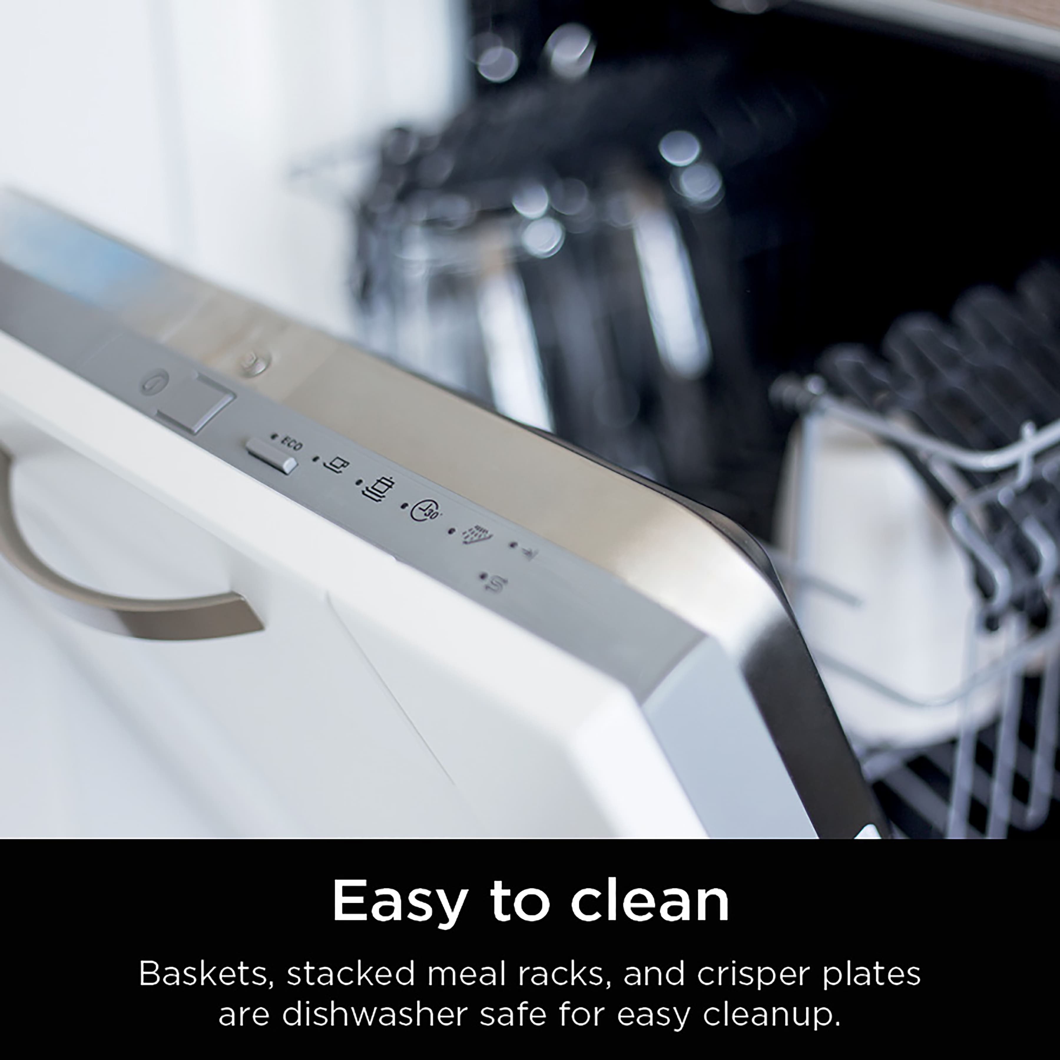 The image features a kitchen appliance with a dishwasher safe design. The appliance is made of stainless steel and has a modern appearance. The text on the image reads, "Easy to clean Baskets, stacked meal racks, and crisper plates are dishwasher safe for easy cleanup." This indicates that the appliance is designed to be convenient and efficient for cleaning purposes, making it a practical choice for users.