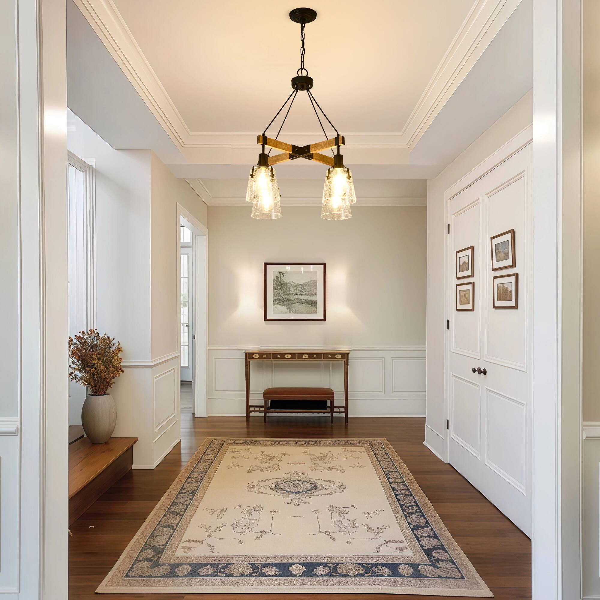 Alt View 1. RYHNUYNE - 4 Light Farmhouse Chandelier 22.83in Rustic Pendant Light Fixture with Seeded Glass Shades, Wood Chandeliers.