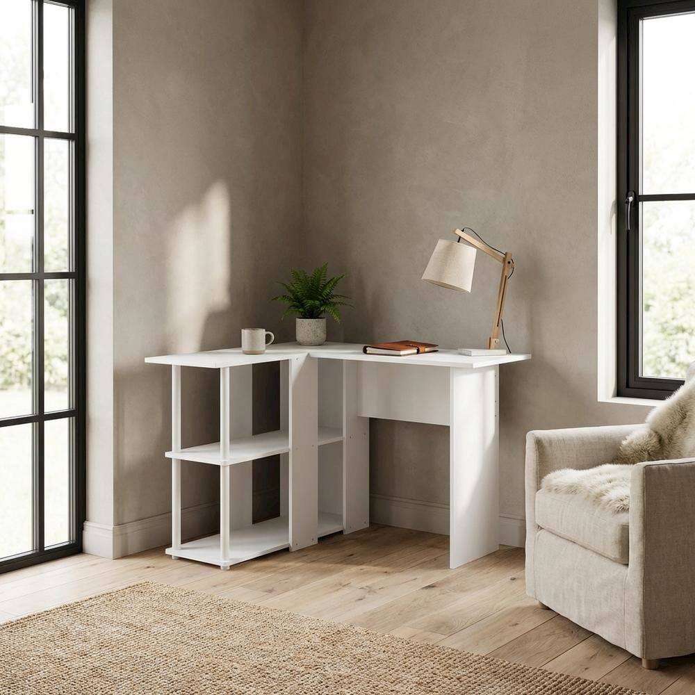 Left. BisonOffice - White L-Shape Desk with Bookshelf and Spacious Workspace - White.