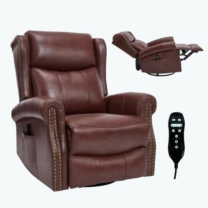 Front. Kadyn - Manual Heat Massage Recliner Chair, 8 Vibration Modes, Rocker Swivel, Genuine Leather, Dark Brownish Red - Red.